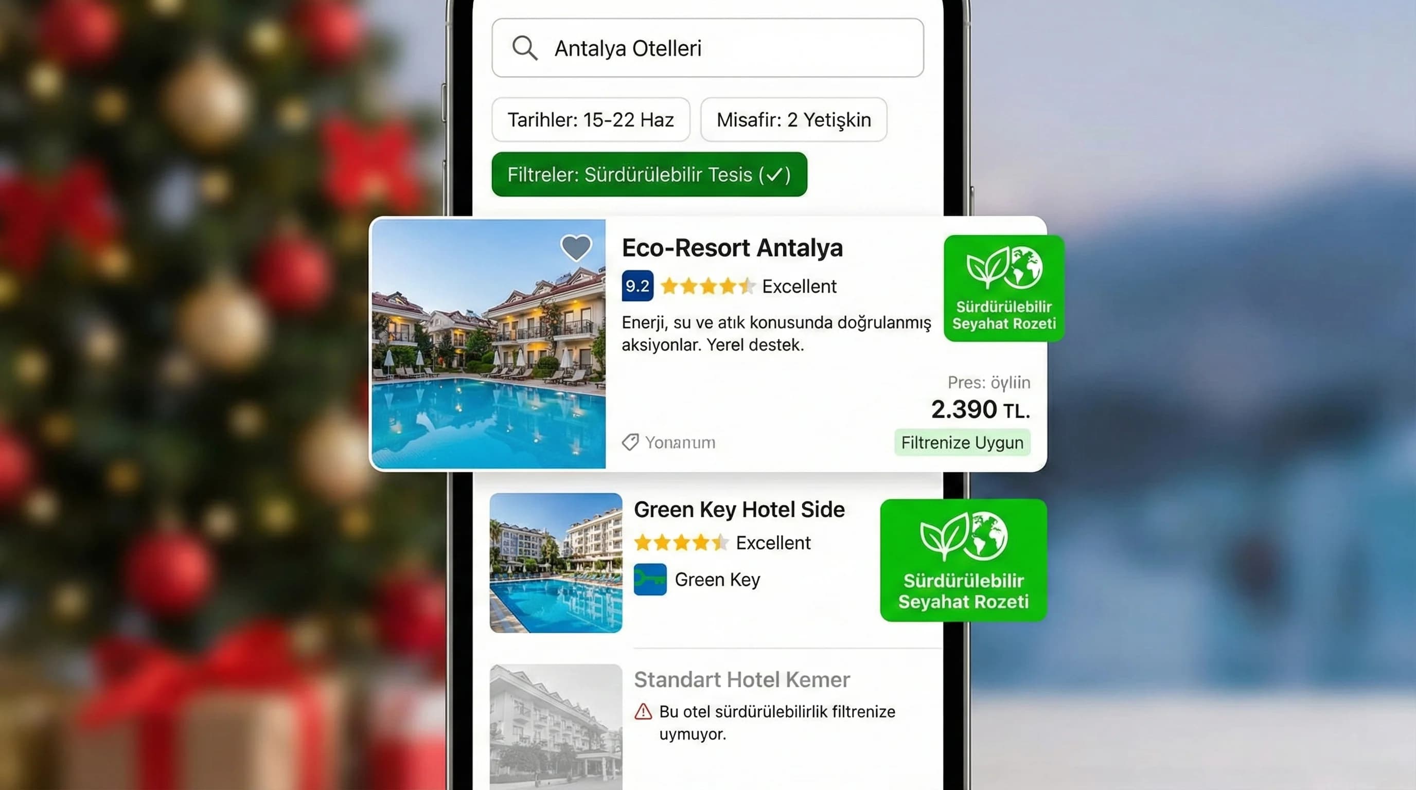 Sürdürülebilirlik filtresi açık OTA sonuç mockup’ı, amaç: vitrin etkisi, otel bağlamı