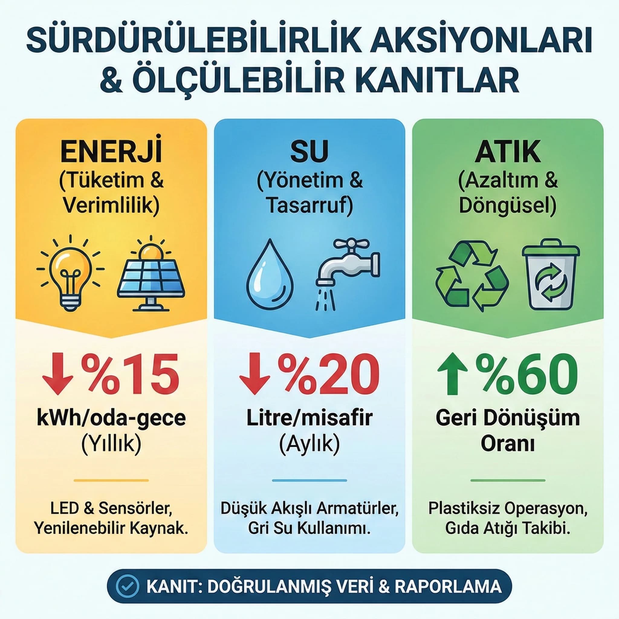 Enerji/su/atık infografik, amaç: ölçülebilir anlatım, otel bağlam