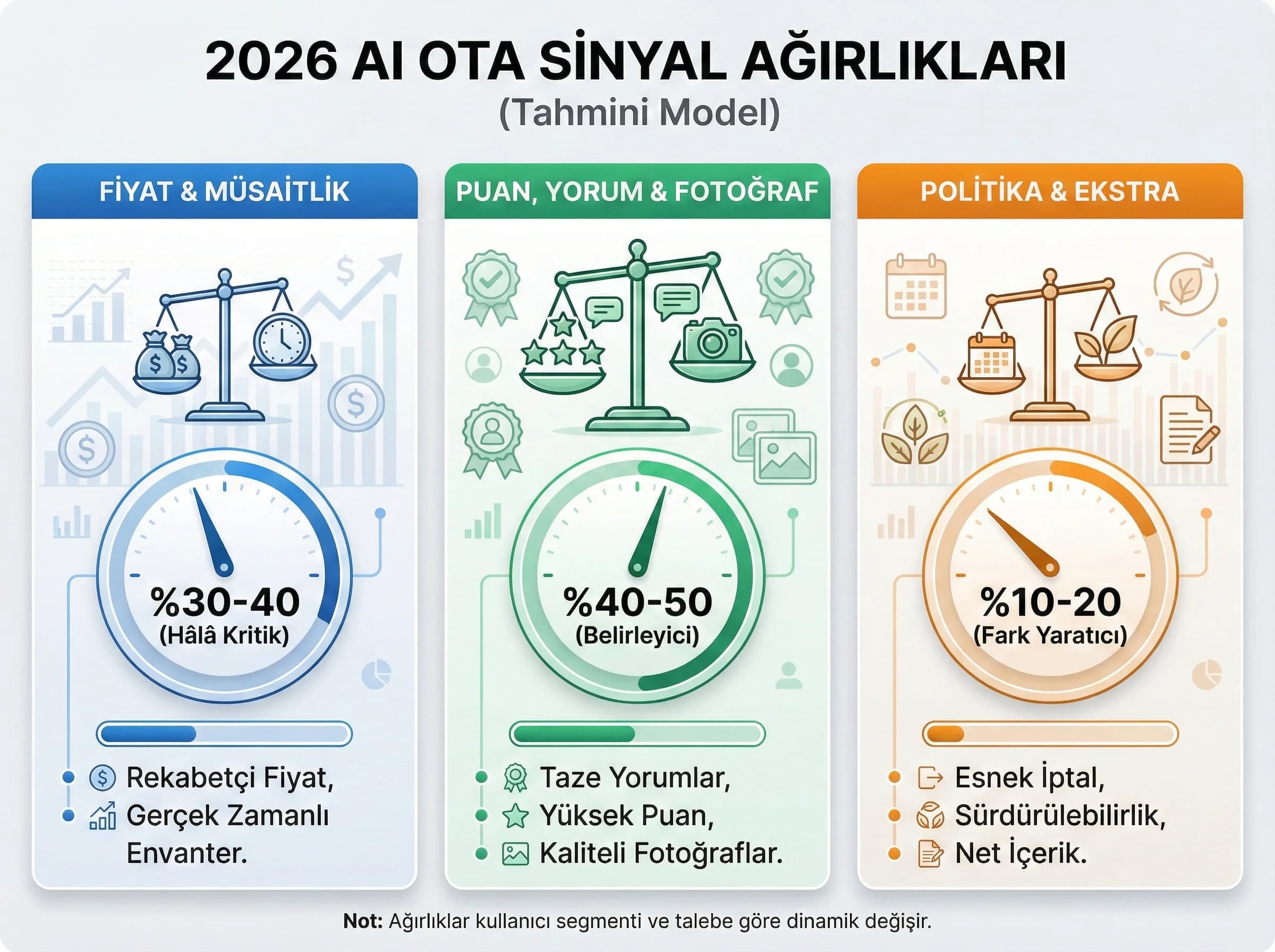 Sinyal ağırlıkları şeması, amaç: fiyat/puan/fotoğraf, otel bağlamı