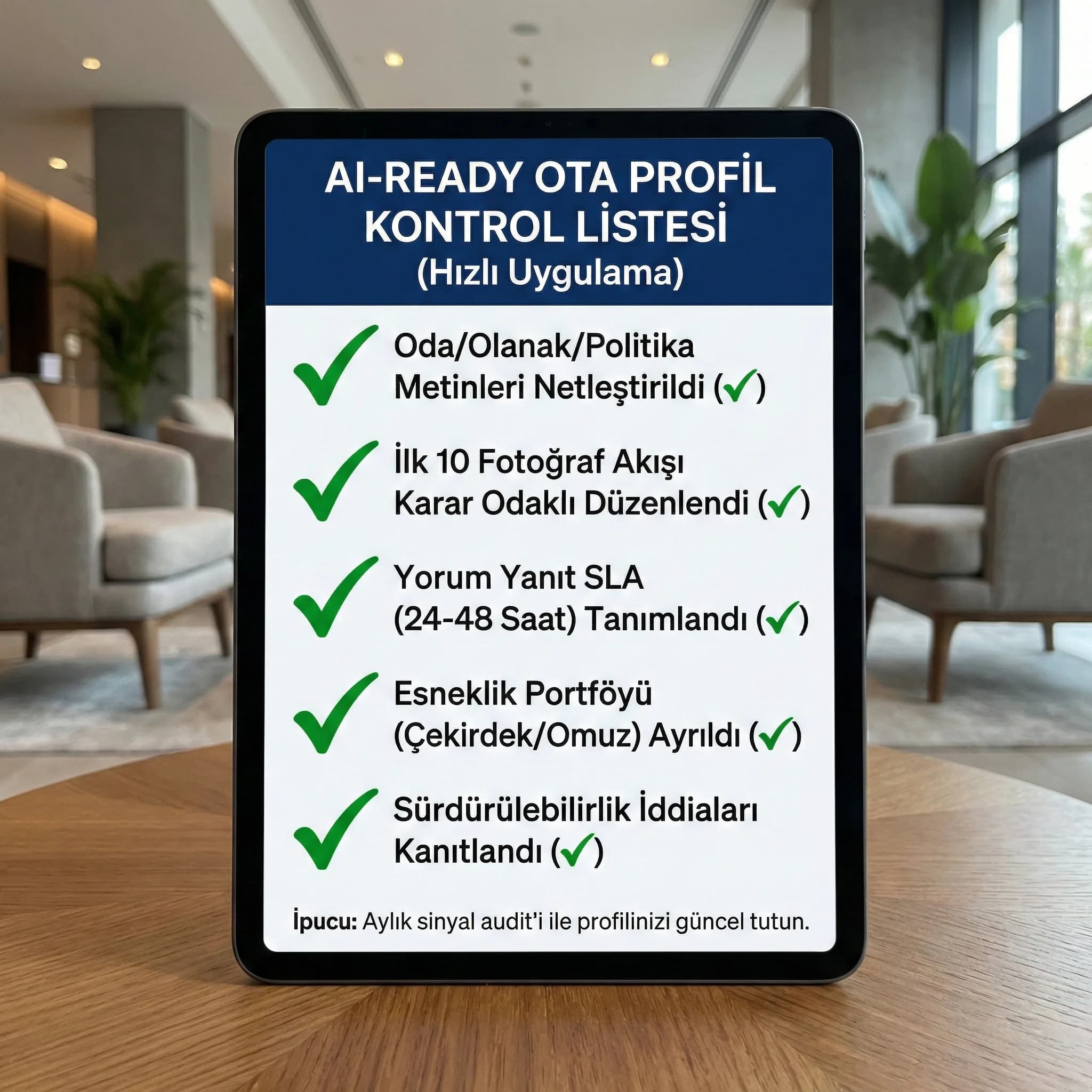 AI-ready profil checklist’i, amaç: hızlı uygulama, otel bağlamı