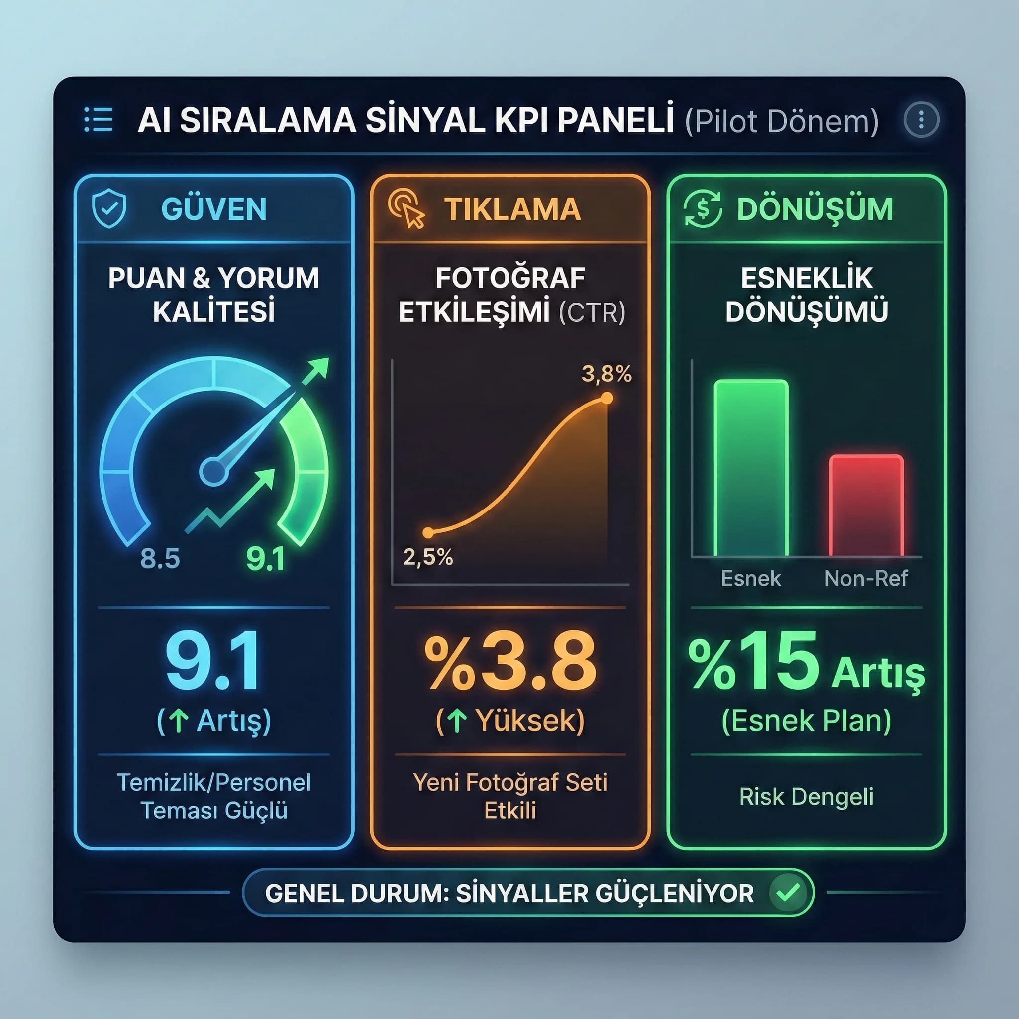 Sinyal KPI paneli, amaç: puan/fotoğraf/esneklik, otel bağlamı