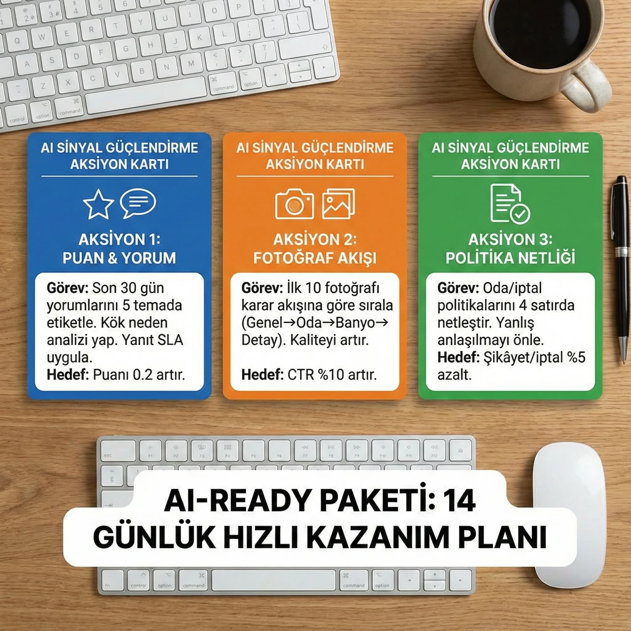 AI sinyal güçlendirme aksiyon kartları, amaç: 3 hızlı iyileştirme, otel bağlamı