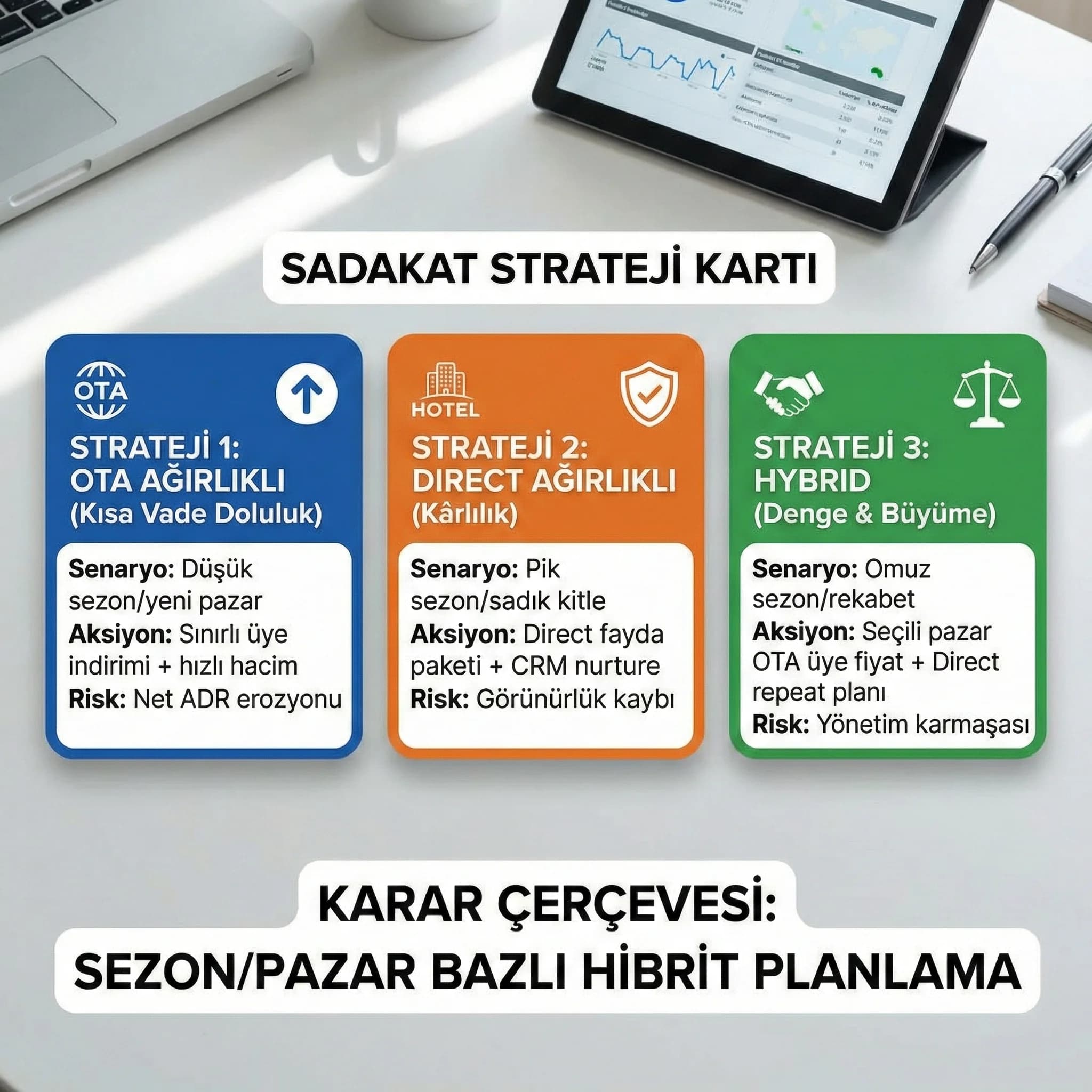 3 strateji kartı, amaç: karar senaryoları, otel bağlamı