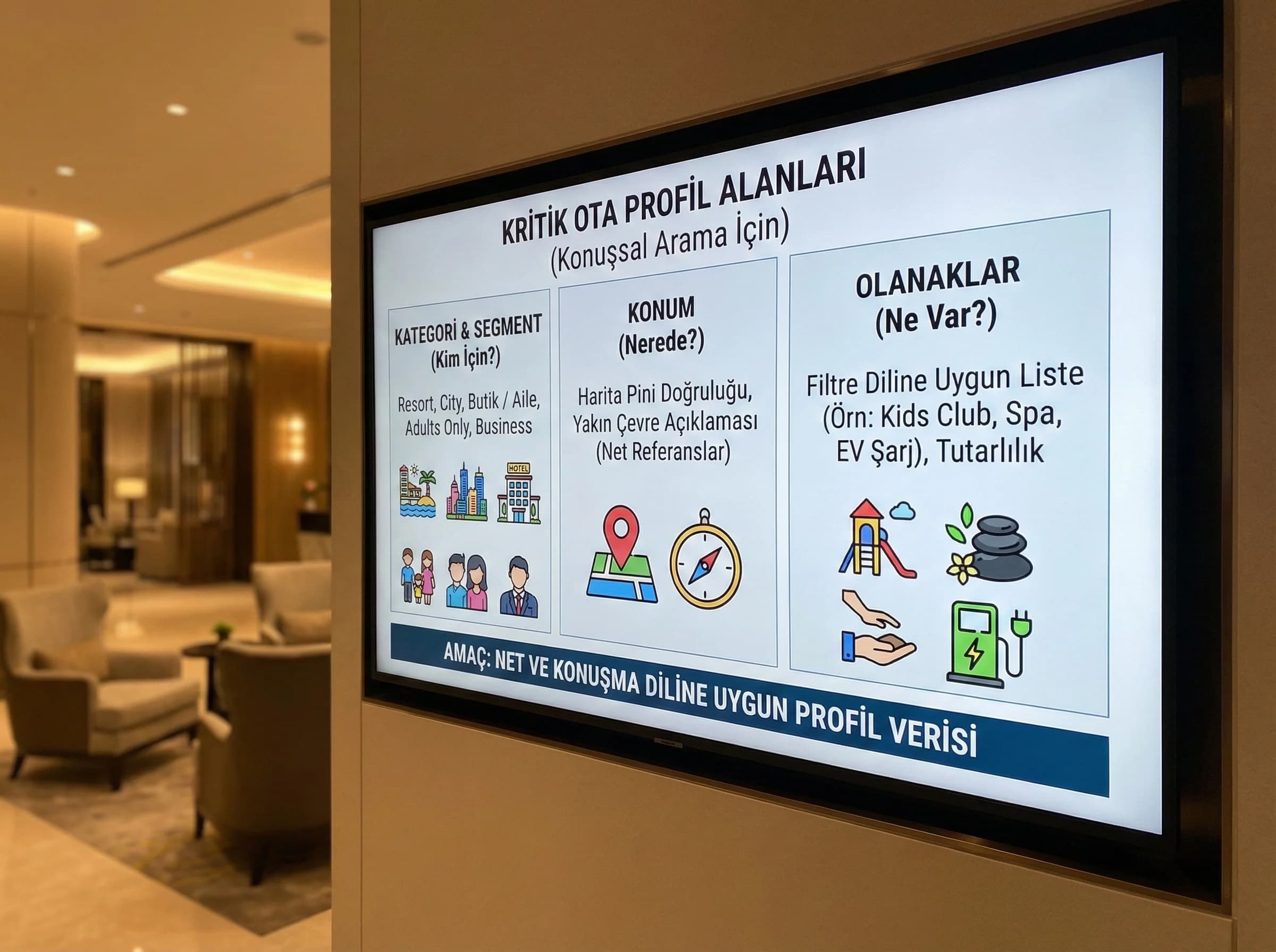 Profil alanları özeti, amaç: kategori/segment/olanak, otel bağlamı