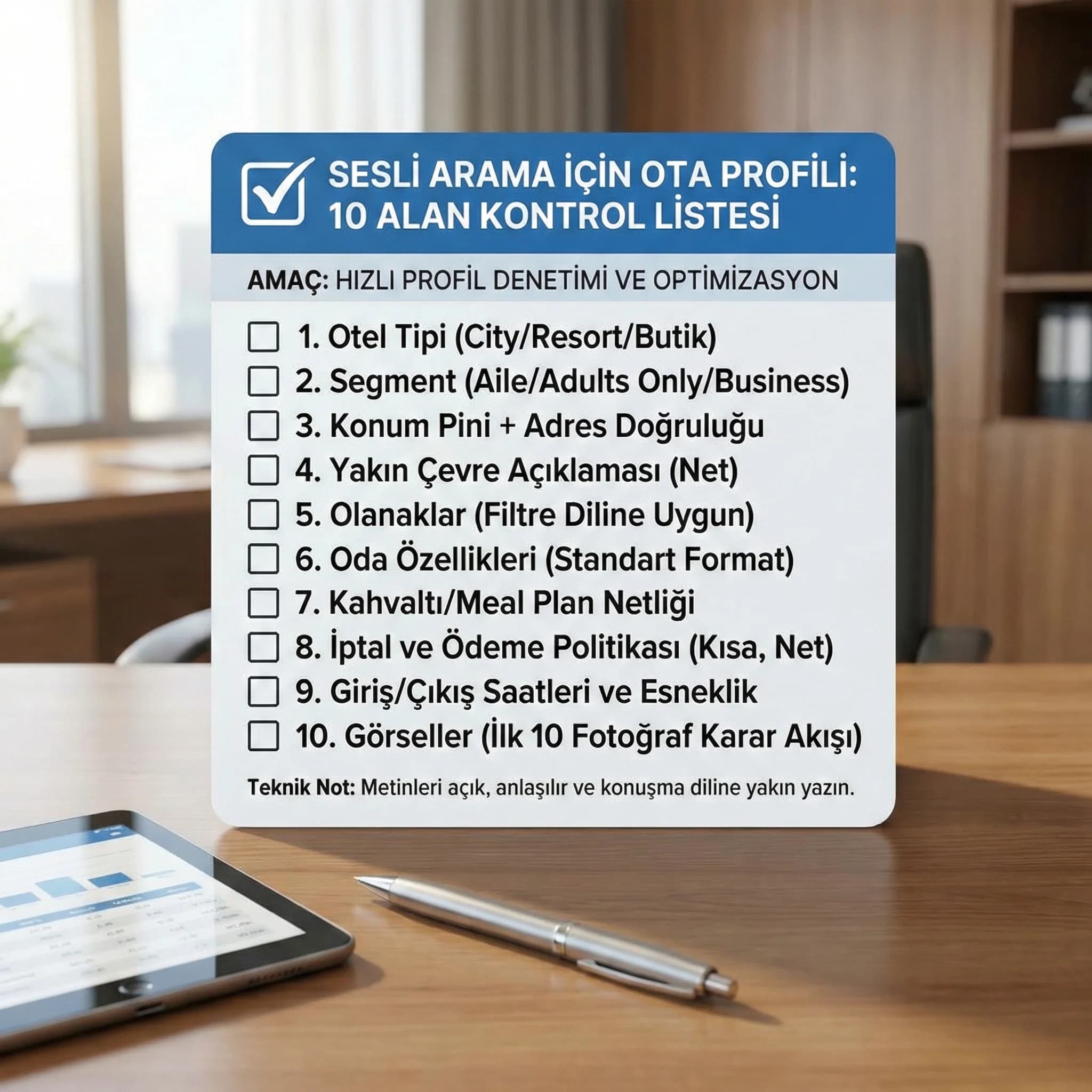 Sesli arama için 10 alan checklist’i, amaç: hızlı audit, otel bağlamı