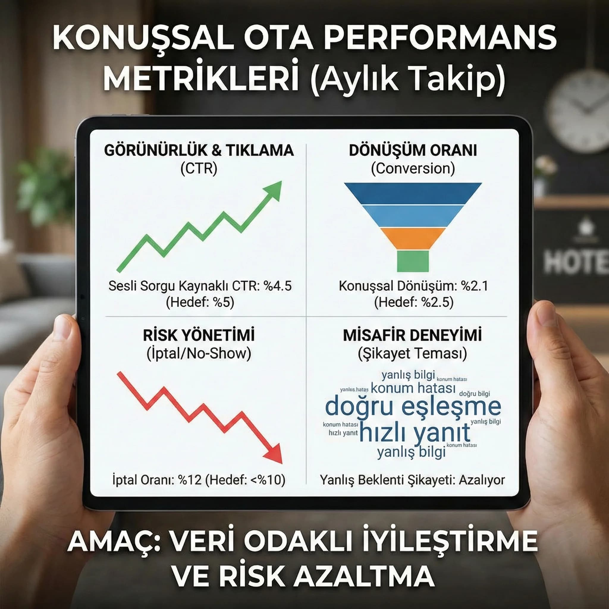 Konuşsal KPI paneli, amaç: CTR/dönüşüm/iptal, otel bağlamı