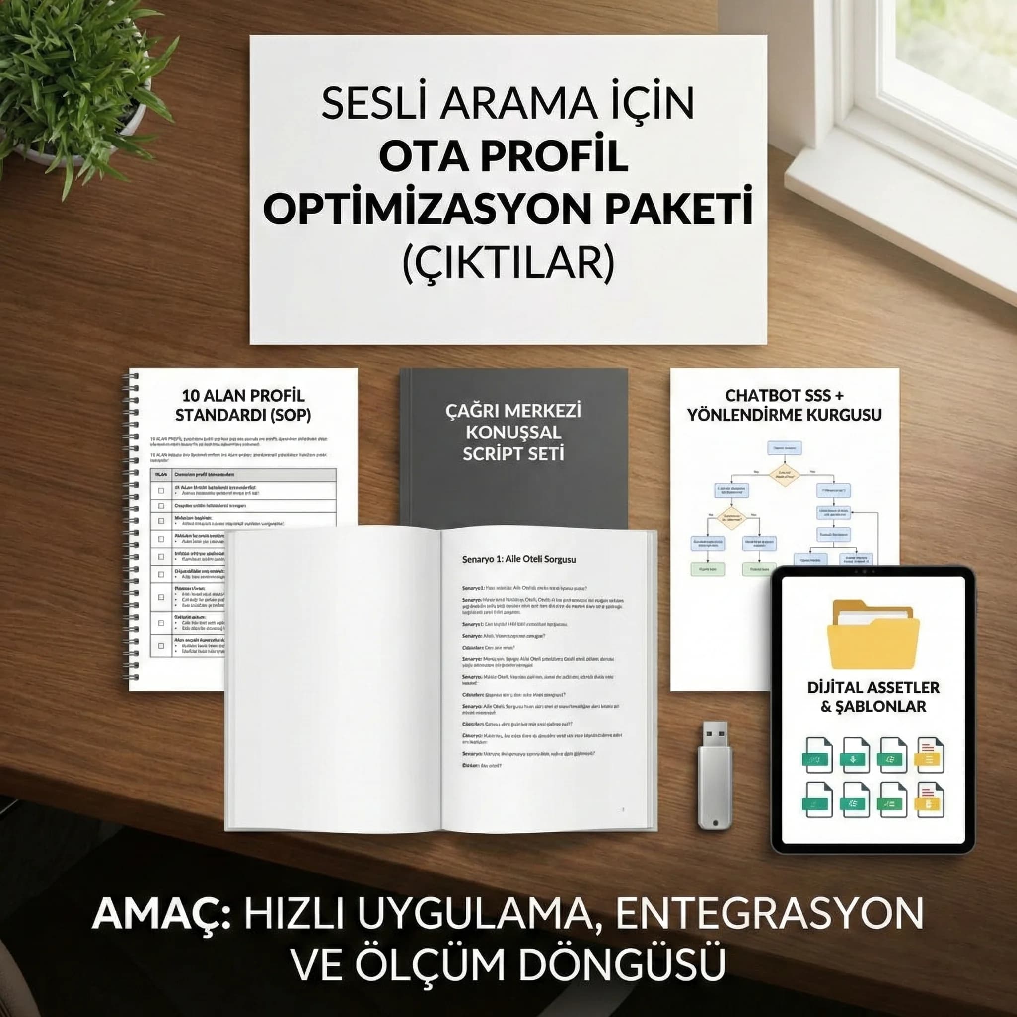 Script + chatbot + SOP paketi, amaç: kopyala-uygula, otel bağlamı