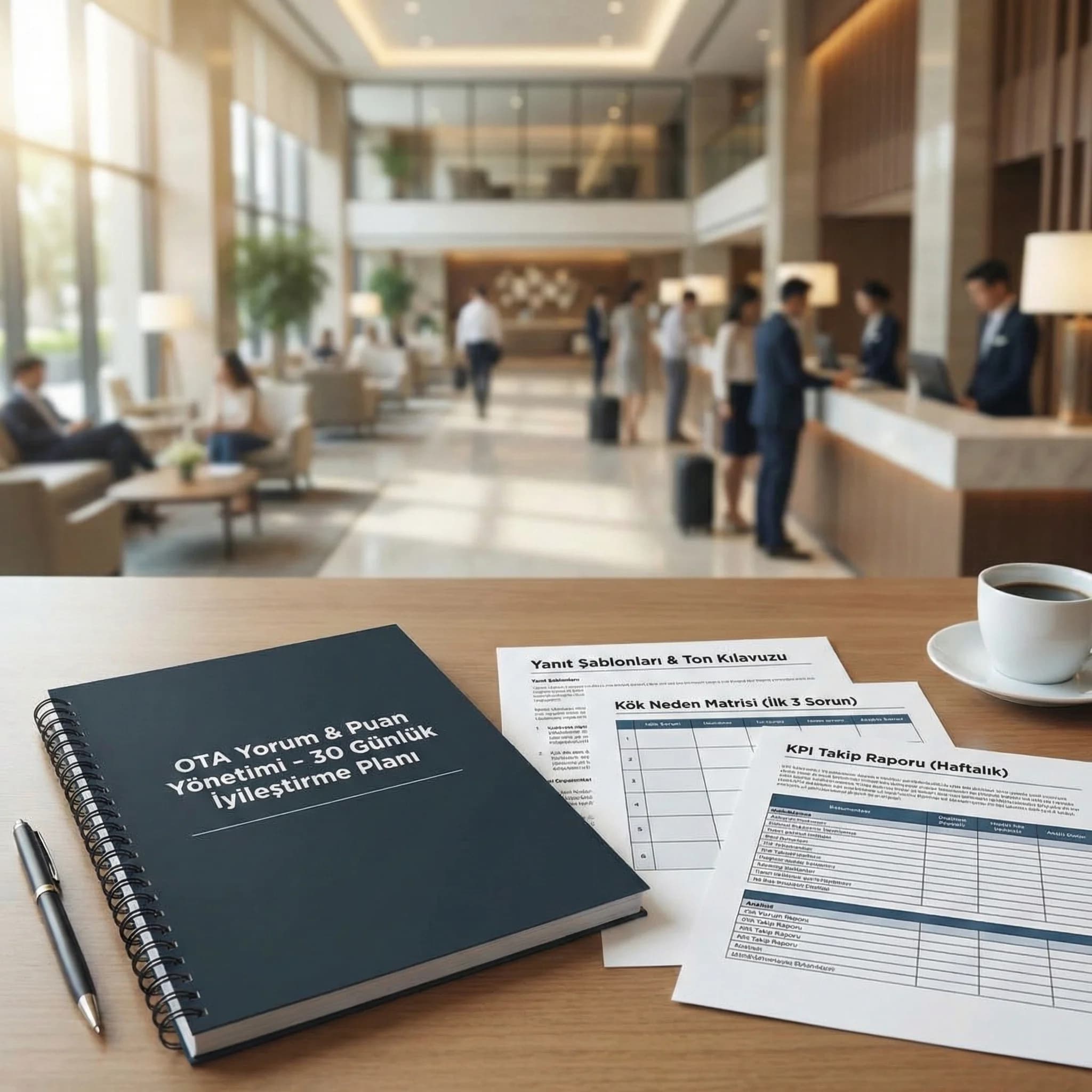 30 günlük plan: yorum akışı, yanıt şablonları, kök neden planı; amaç: somut çıktı, otel yönetim bağlamı