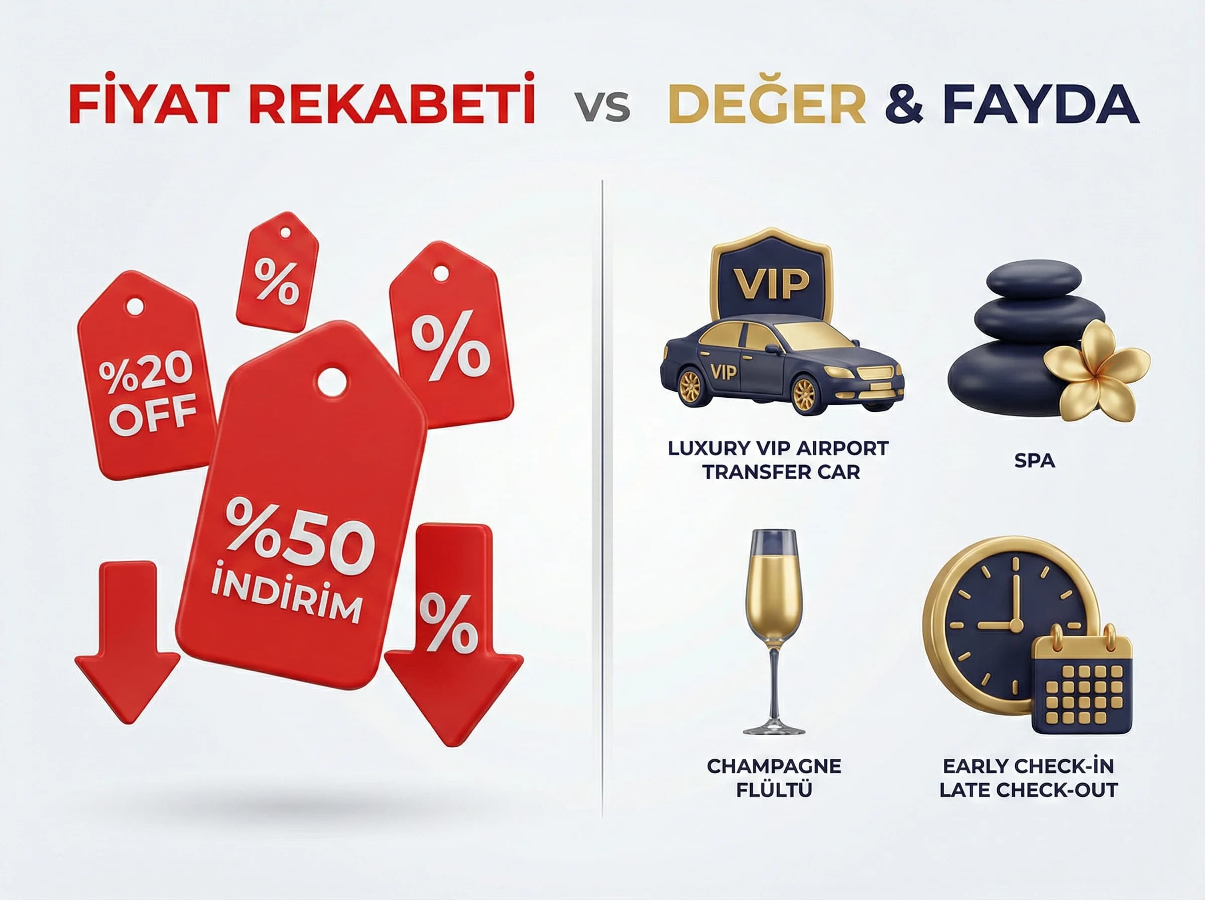 Fiyat-fayda mesaj tipleri, amaç: direct değer kurgusu, otel satış bağlamı