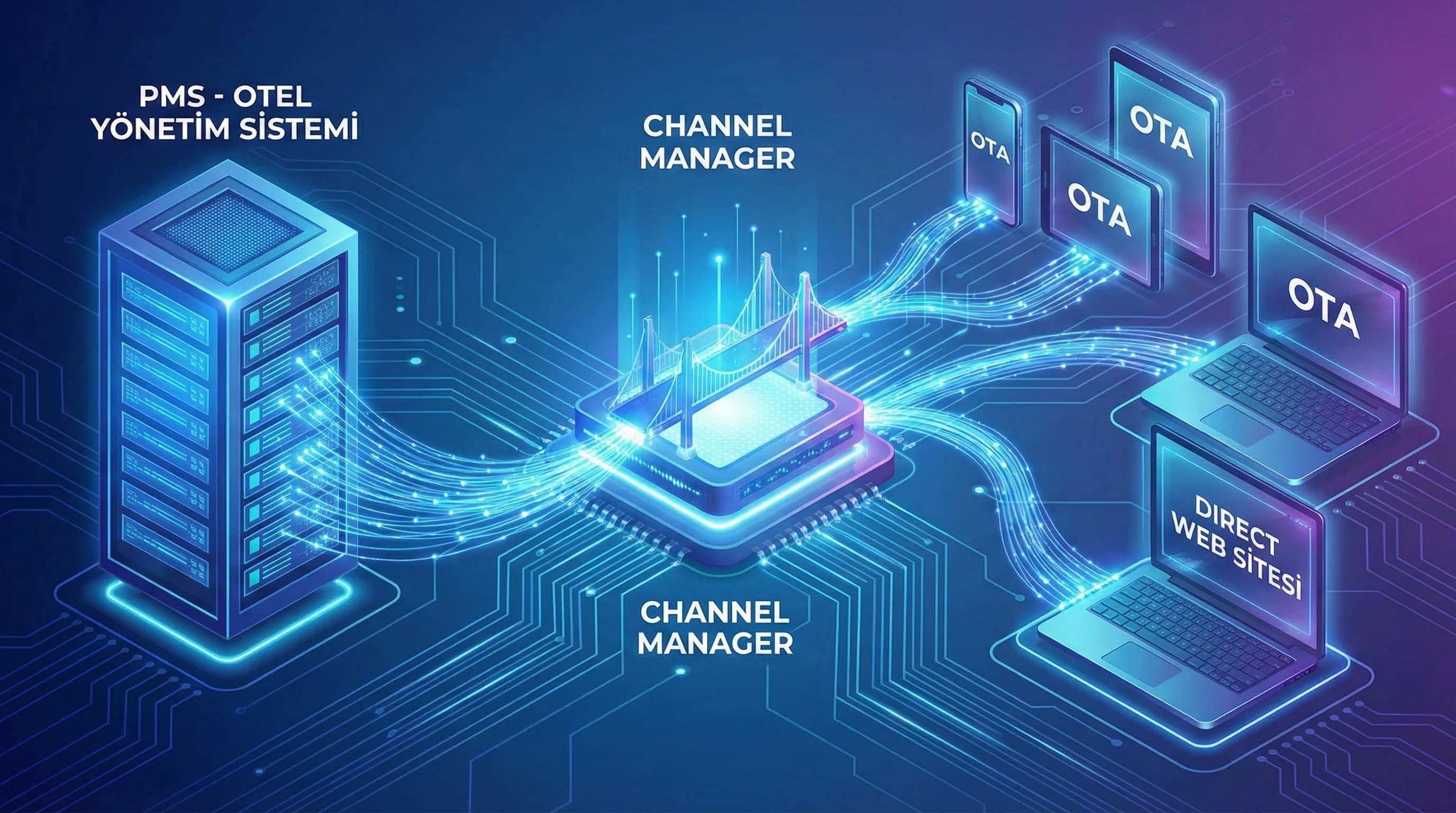 PMS→CM→OTA/Web parity akışı, amaç: operasyonel doğruluk, otel gelir bağlamı