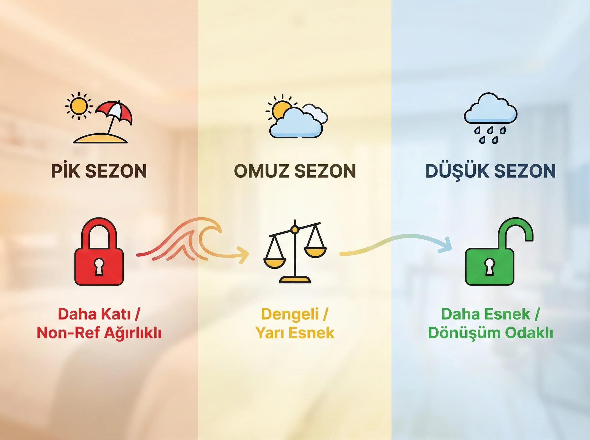Politika senaryoları (pik/omuz/düşük), amaç: hızlı uygulama, otel revenue bağlamı