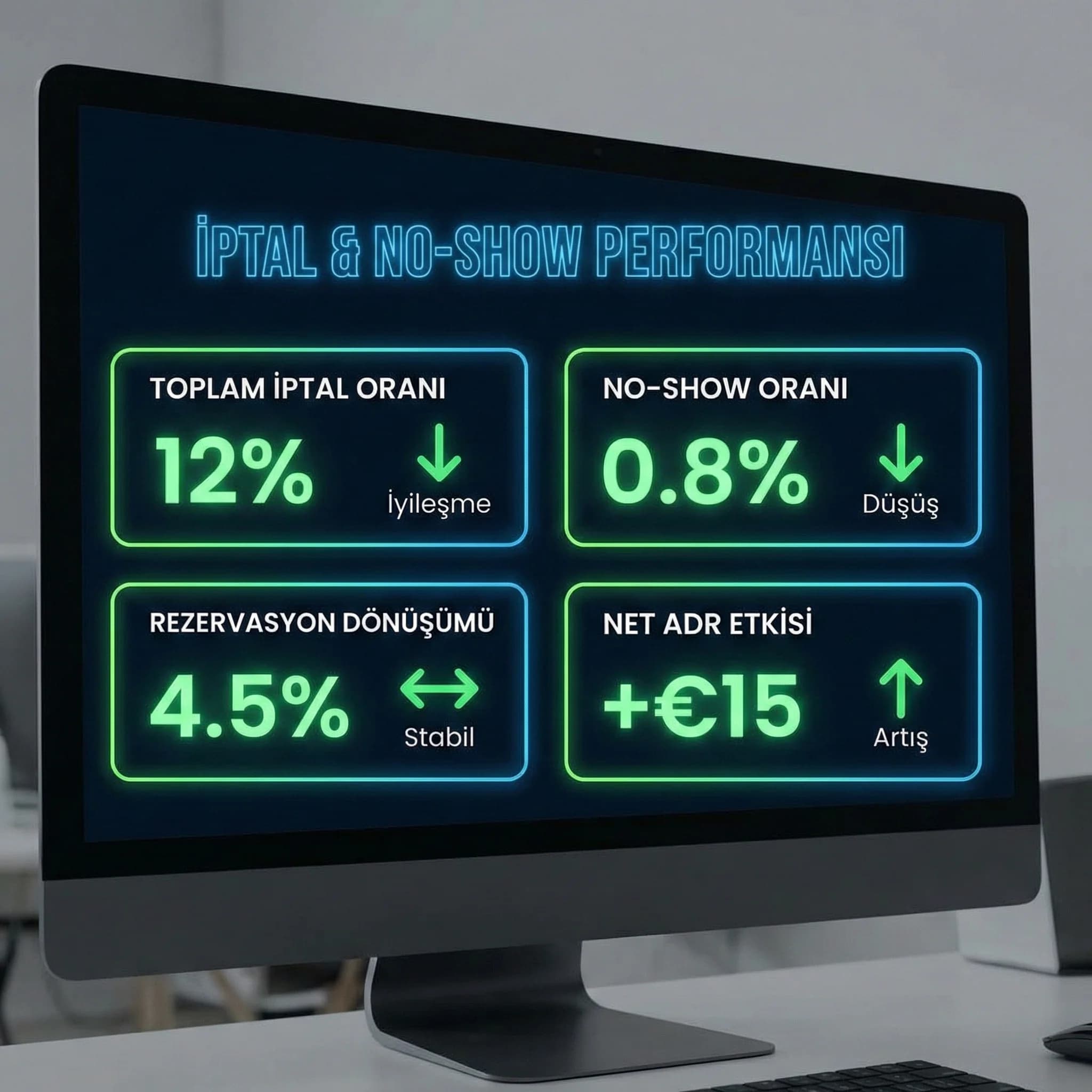 İptal/no-show KPI paneli, amaç: risk ve gelir etkisi, otel revenue bağlamı