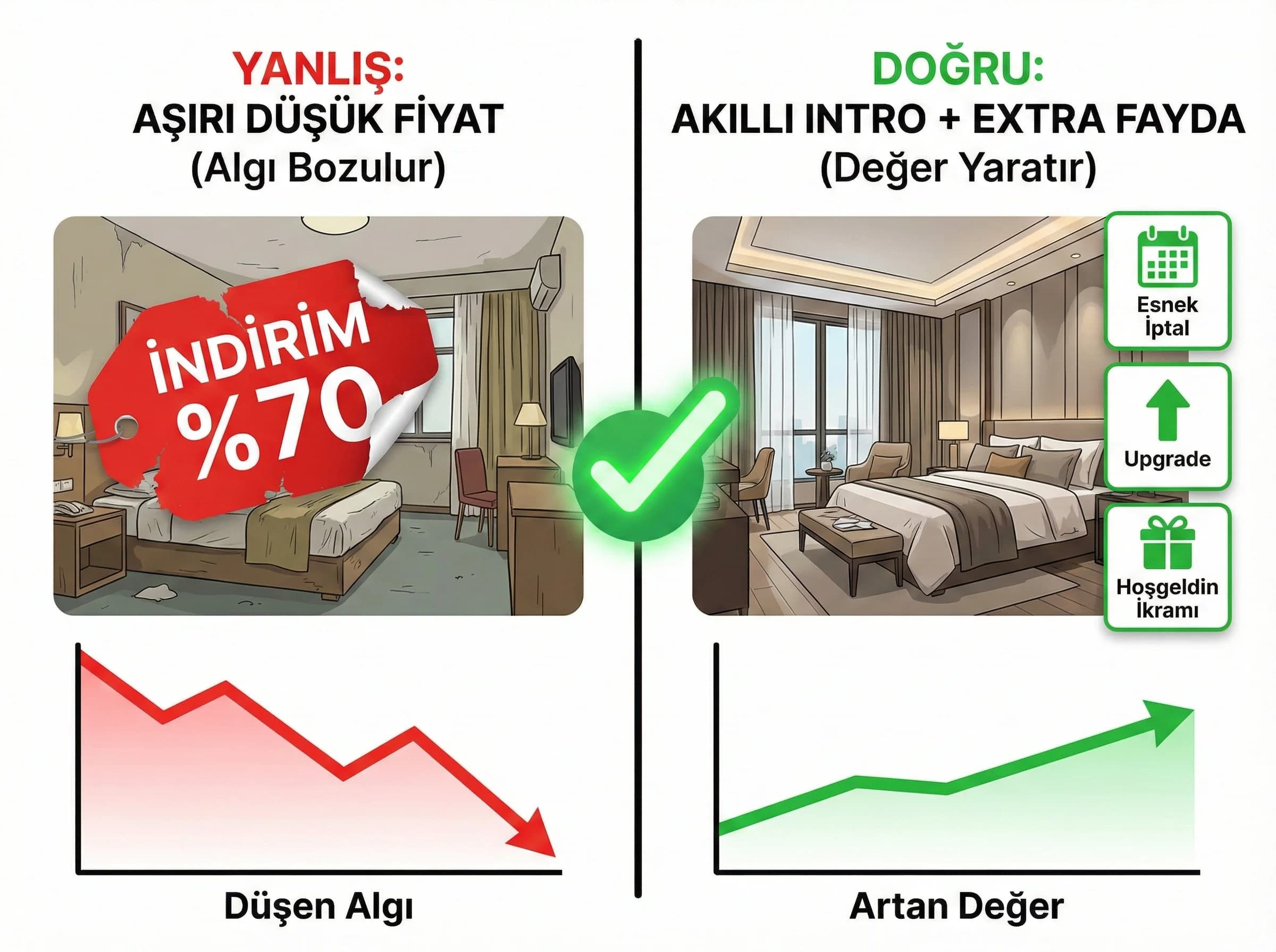 Intro fiyat + fayda kurgusu, amaç: fiyat algısı koruma, otel revenue bağlamı