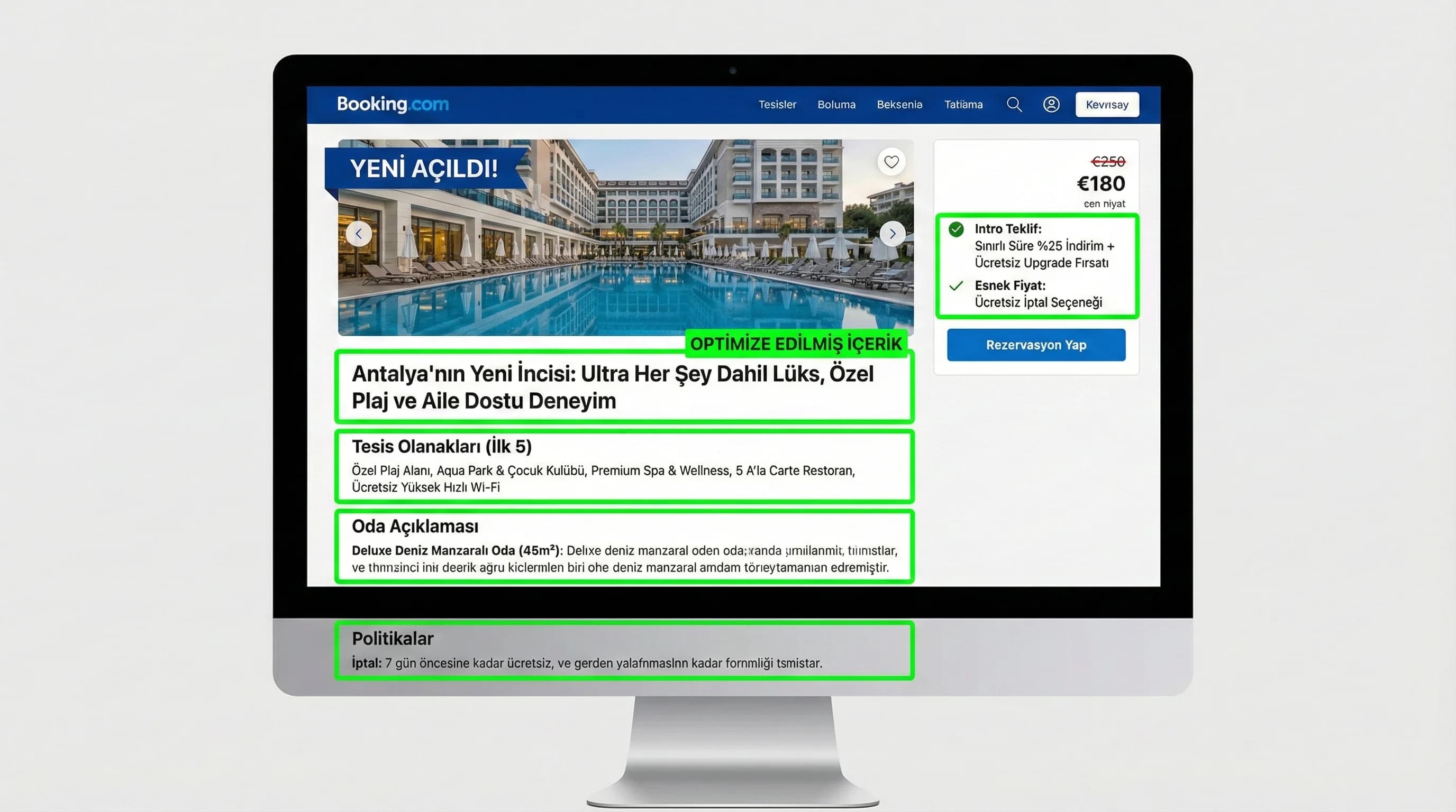 Launch dönemi OTA sayfa mockup, amaç: doğru alan doldurma, otel satış bağlamı