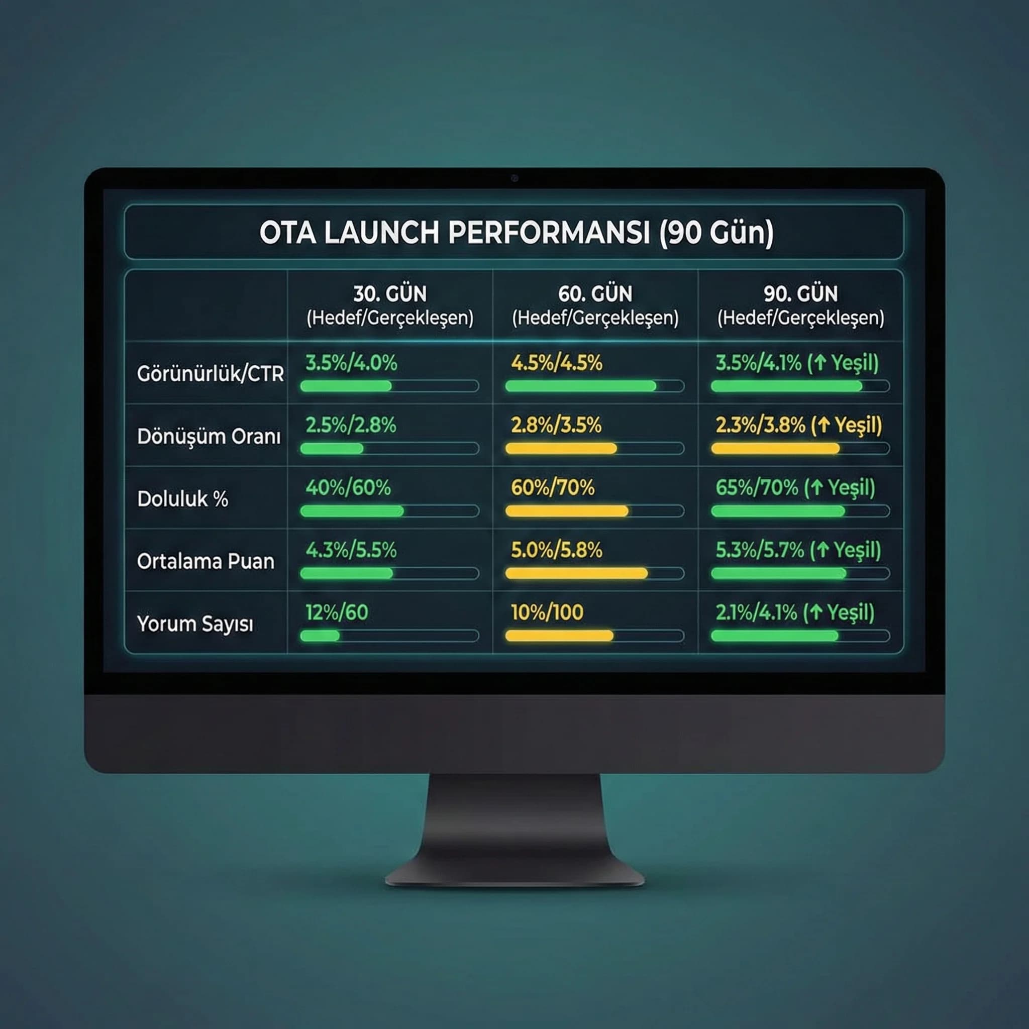 Launch KPI paneli, amaç: 30/60/90 gün takibi, otel revenue bağlamı