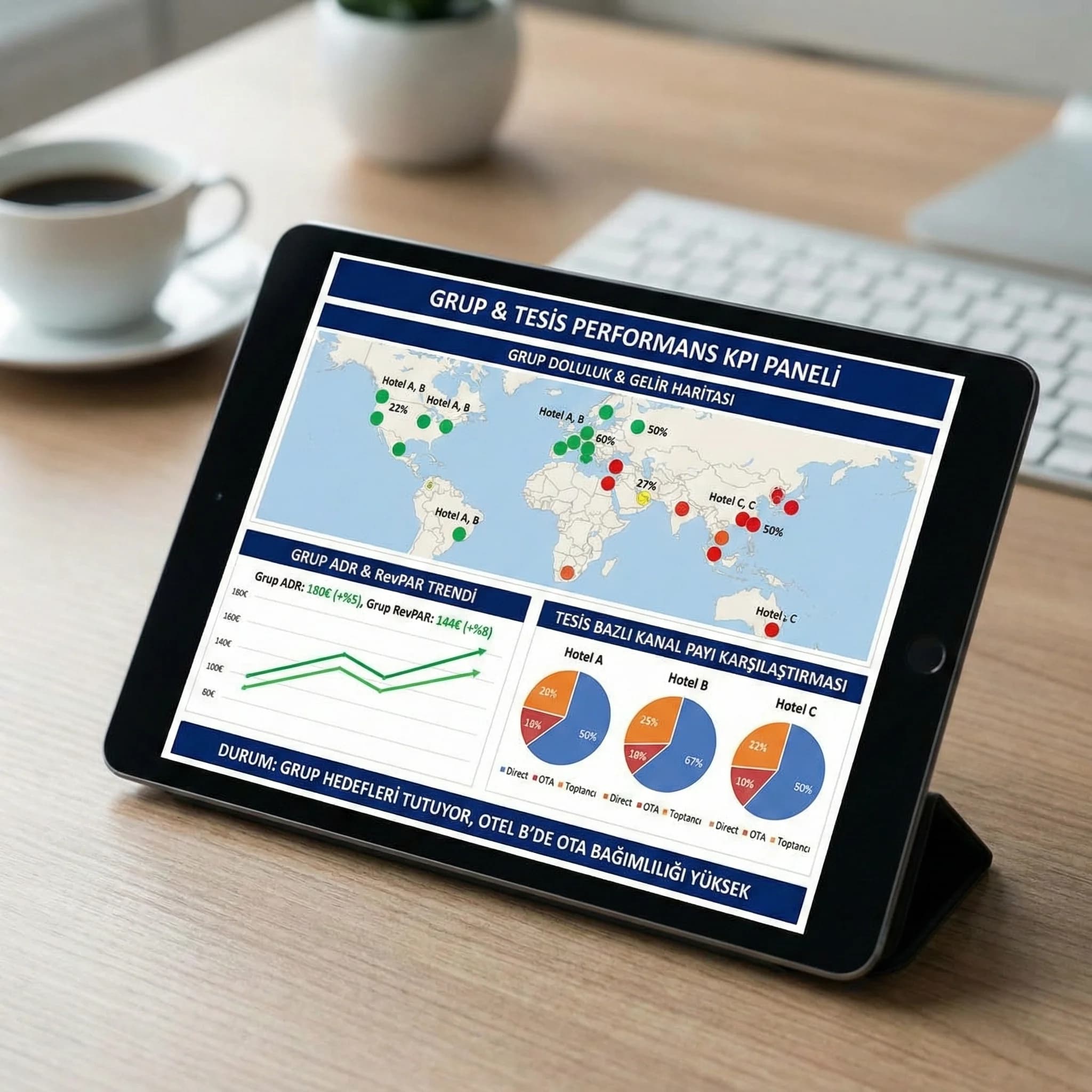 Grup KPI paneli, tesis bazlı performansı tek ekranda karşılaştırır