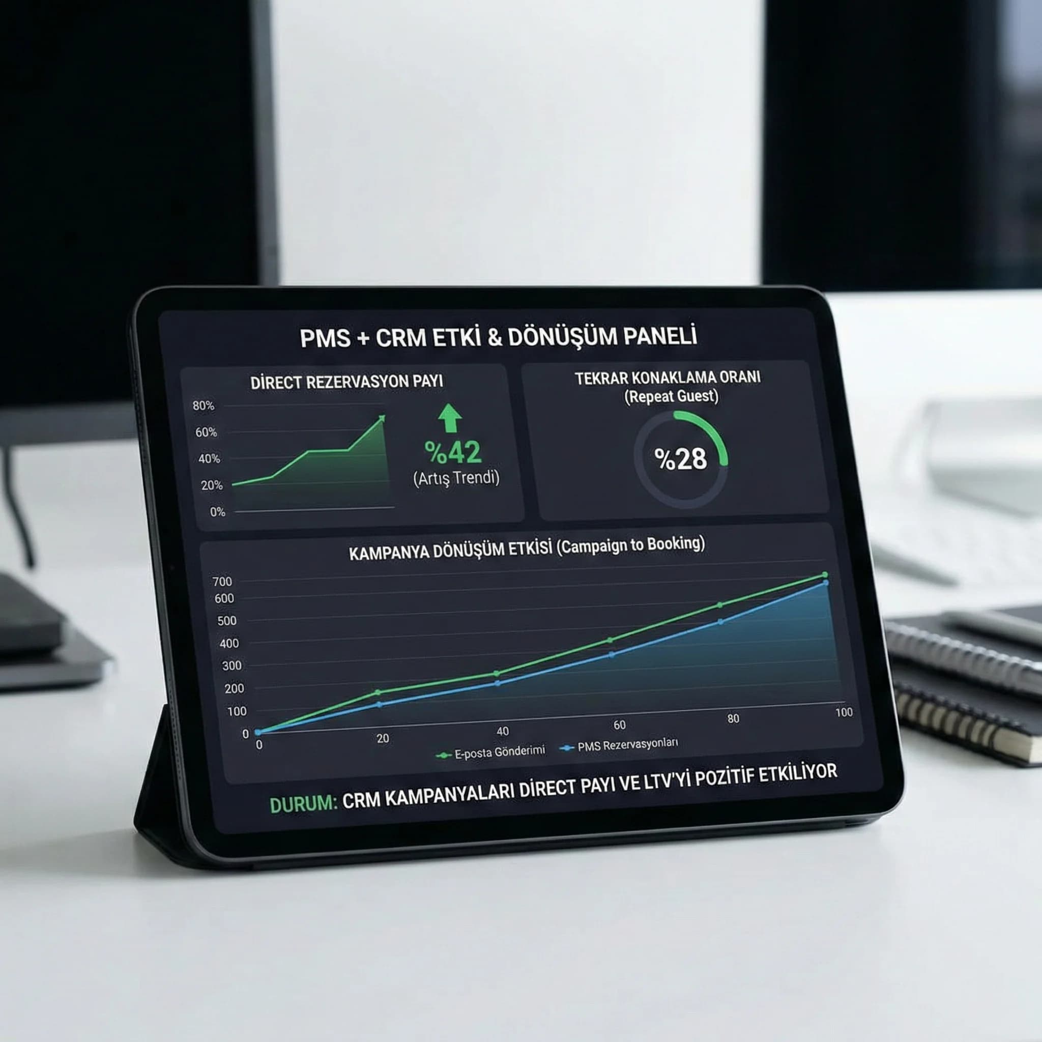  PMS+CRM KPI paneli, direct pay ve tekrar konaklamayı izler