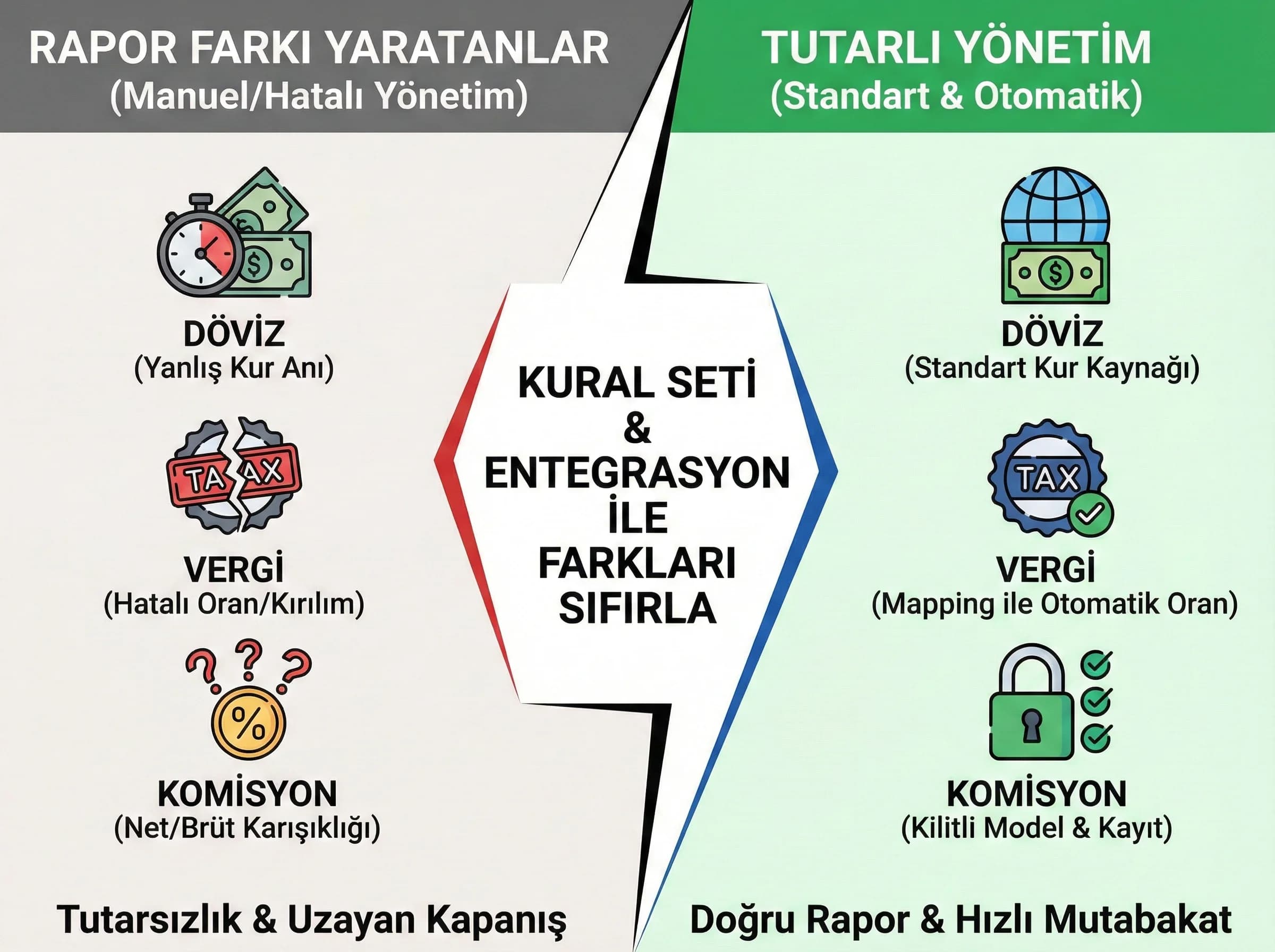 Döviz vergi komisyon katmanını ayıran görsel, rapor farklarını azaltır