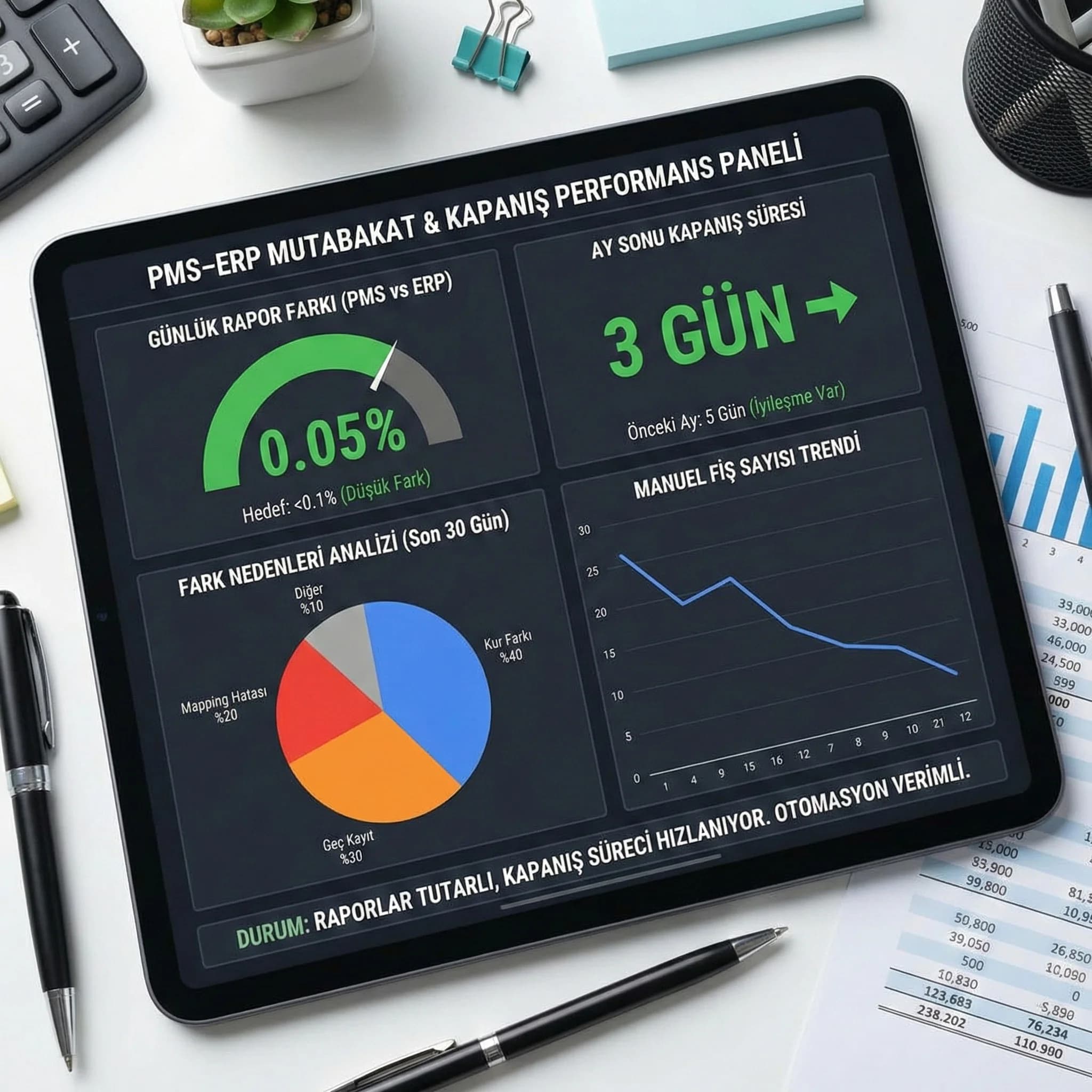 PMS–ERP mutabakat KPI paneli, rapor farklarını ve kapanış hızını izler