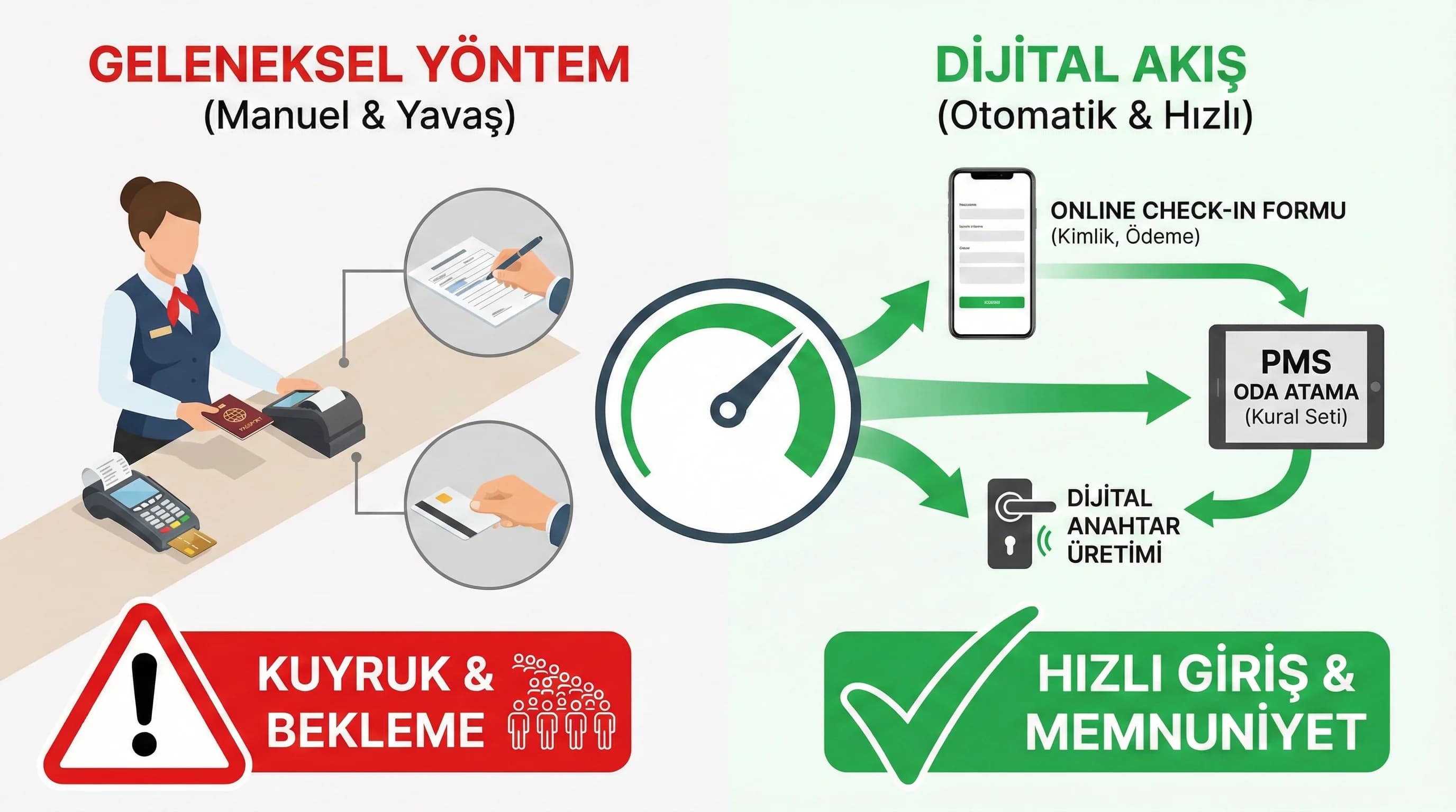 Online check-in ve oda atama adımlarını gösteren görsel, giriş sürecini hızlandırır