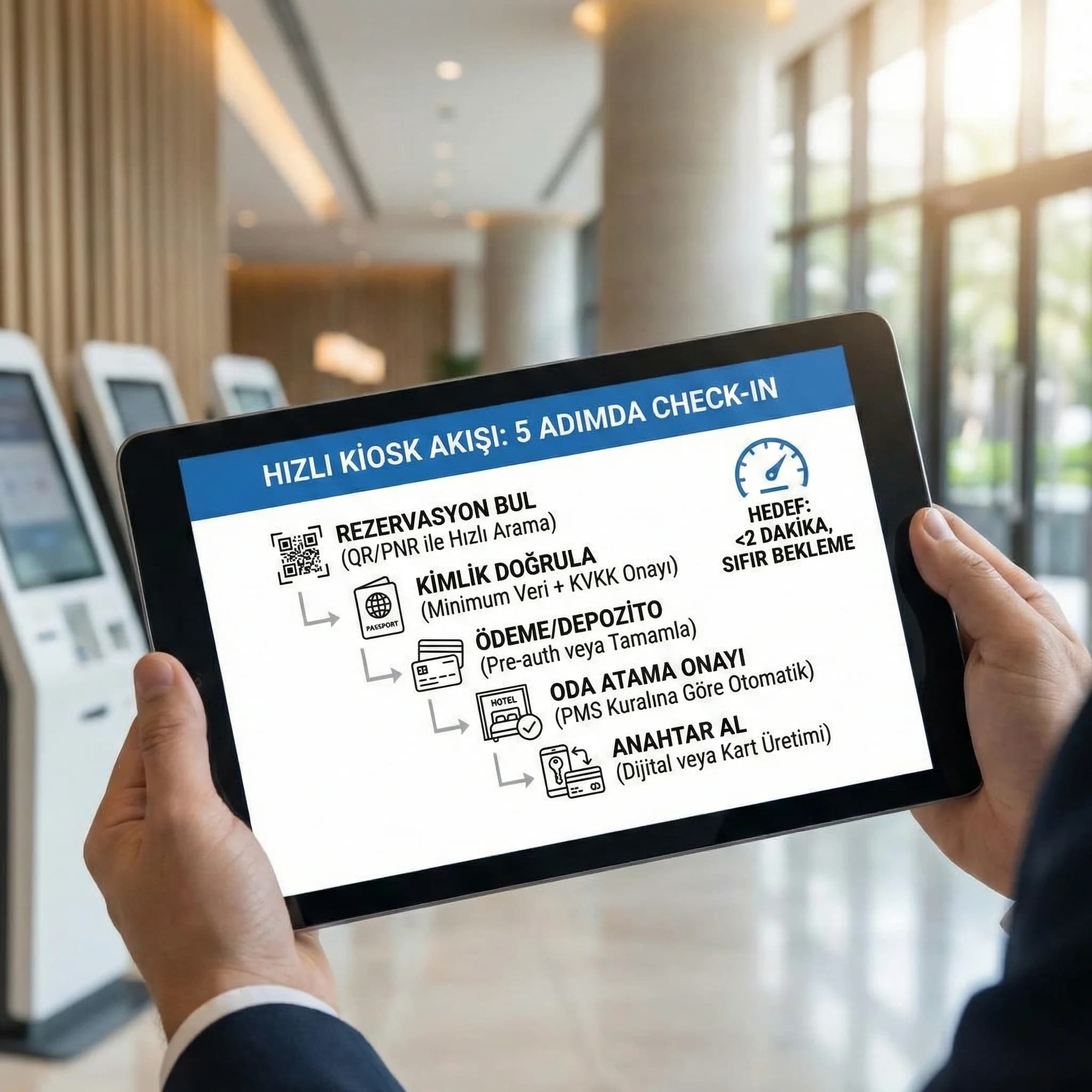 Check-in süresini kısaltmak için 5 adım kartı, kiosk akışını optimize eder
