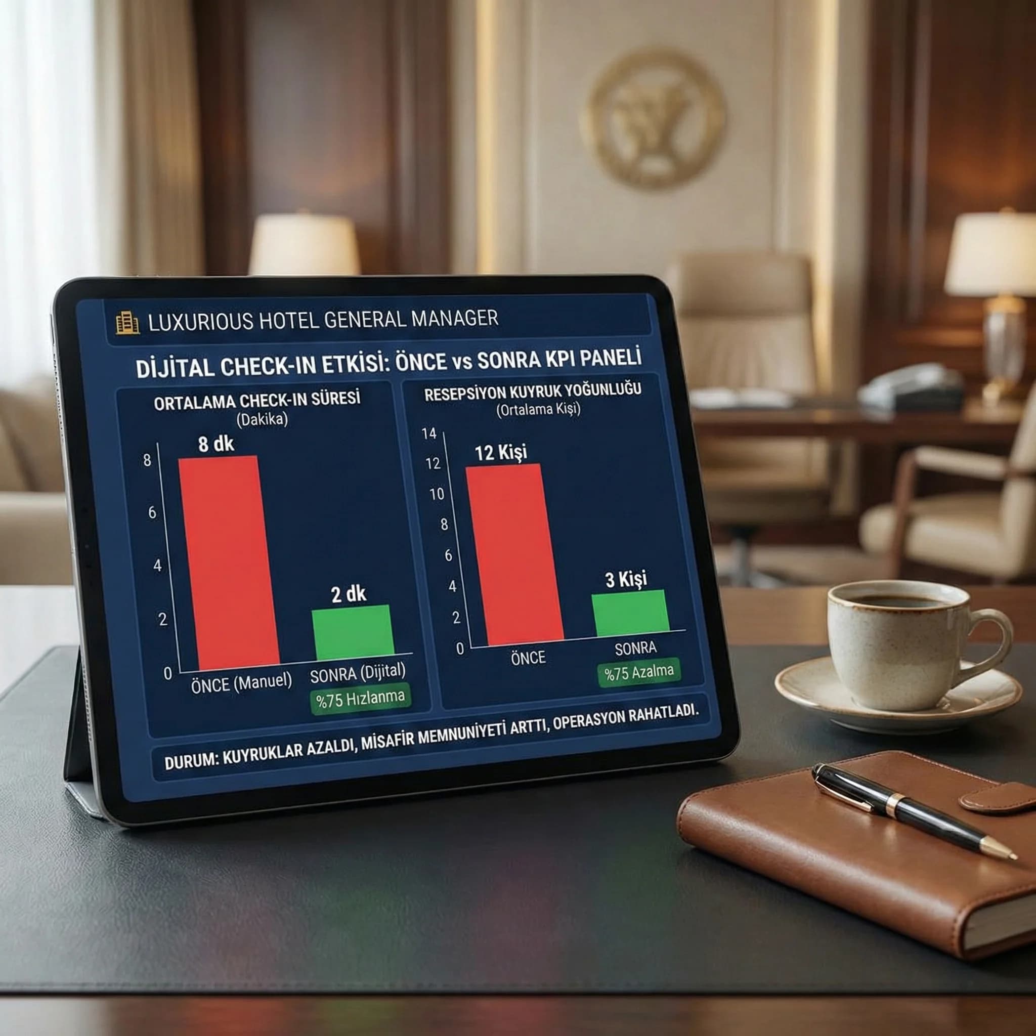 Check-in süresi önce/sonra grafiği, resepsiyon yoğunluğunu azaltmayı gösterir