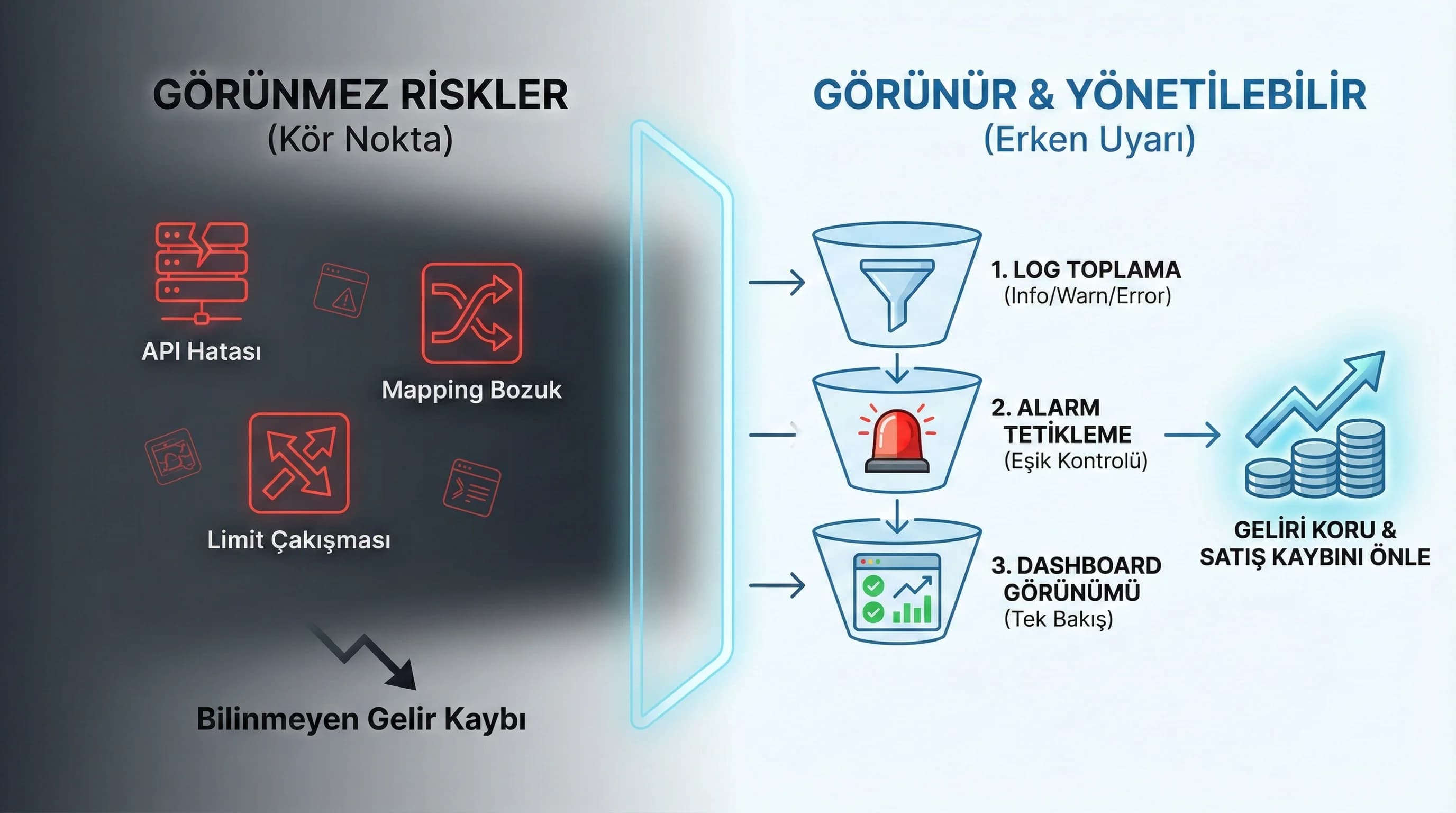Log, alarm ve dashboard akışını gösteren görsel, satış kaybını azaltır