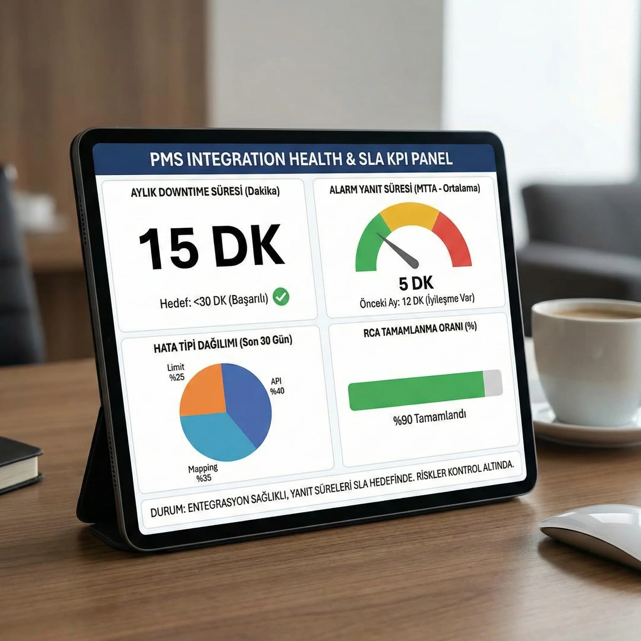 Monitoring KPI paneli, downtime ve alarm yanıt süresini izler
