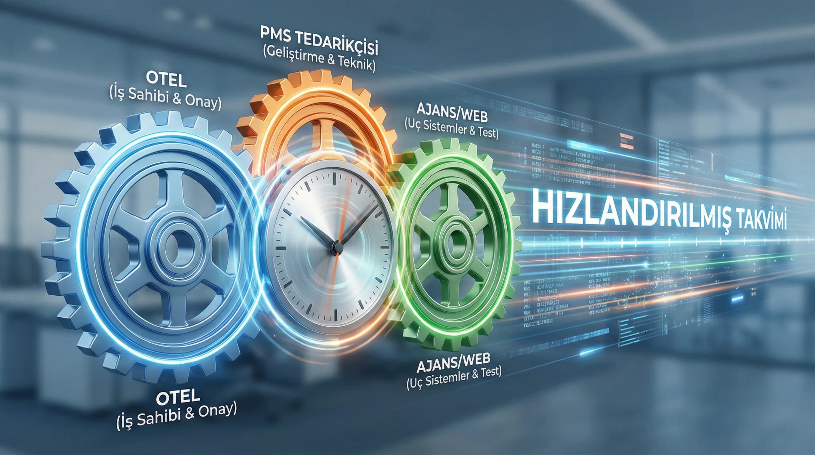 Otel–tedarikçi–ajans iş birliği akışını gösteren görsel, proje takvimini hızlandırır