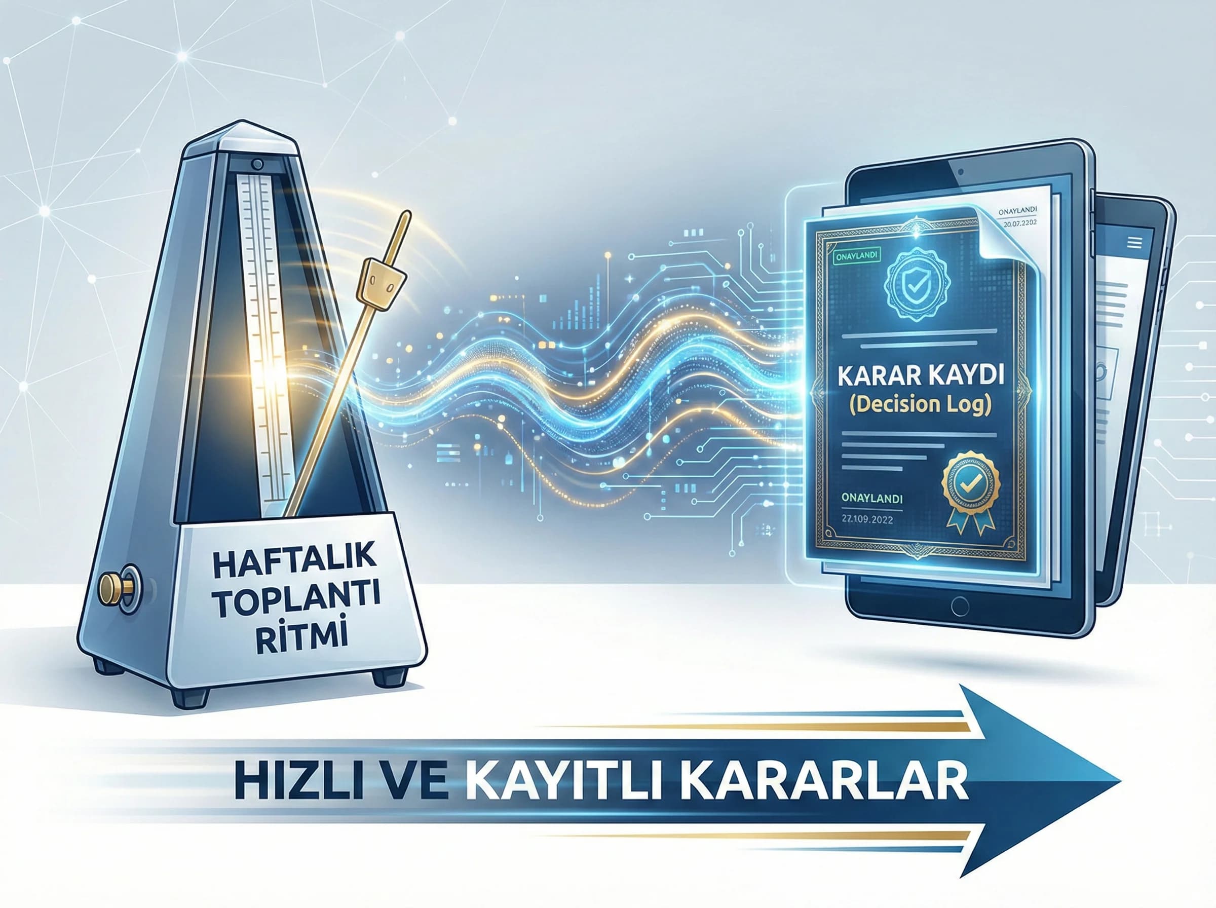 Toplantı ritmi ve dokümantasyonu ayıran görsel, kararları hızlandırır