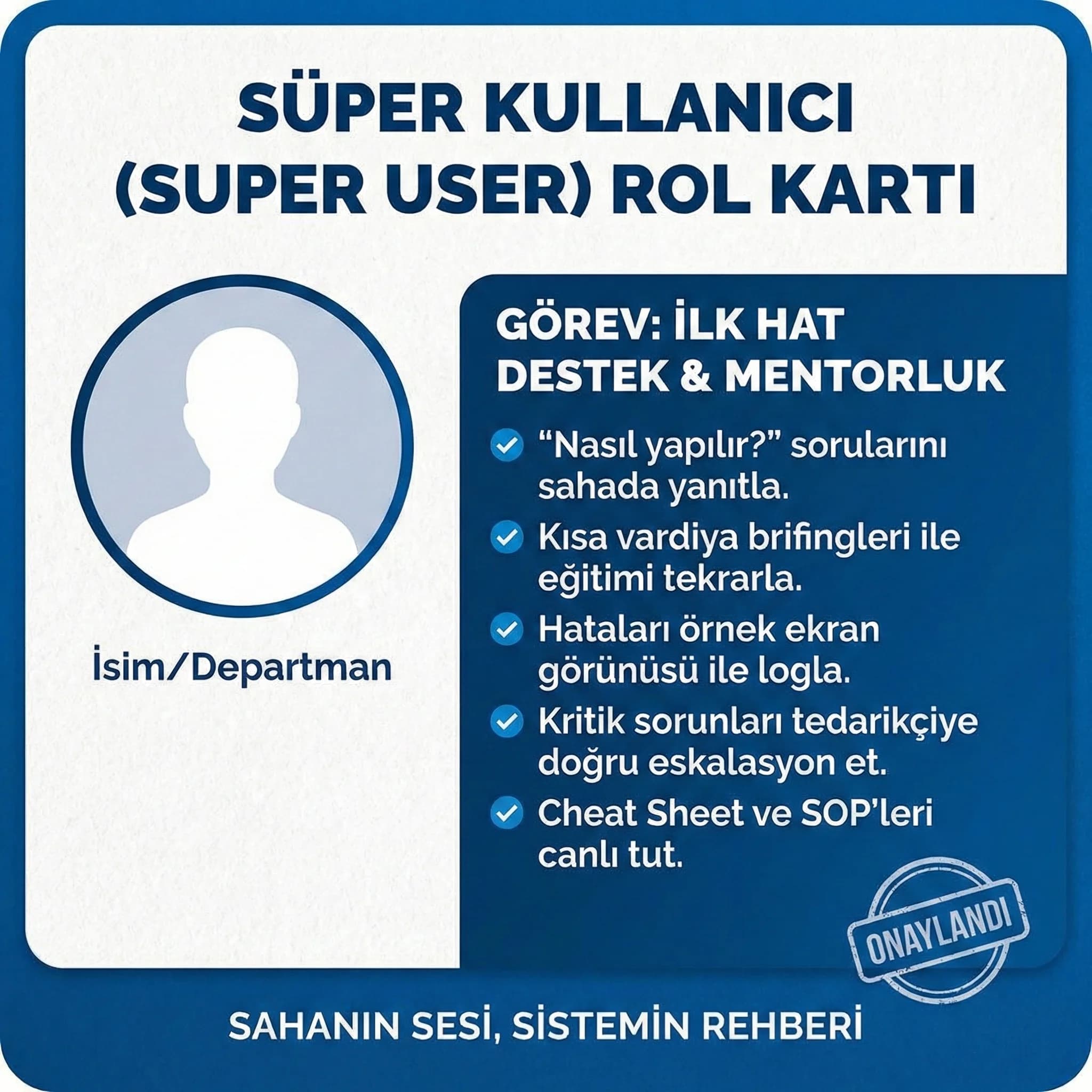 Süper kullanıcı rol kartı, mentorluk ve ilk hat desteği standardize eder
