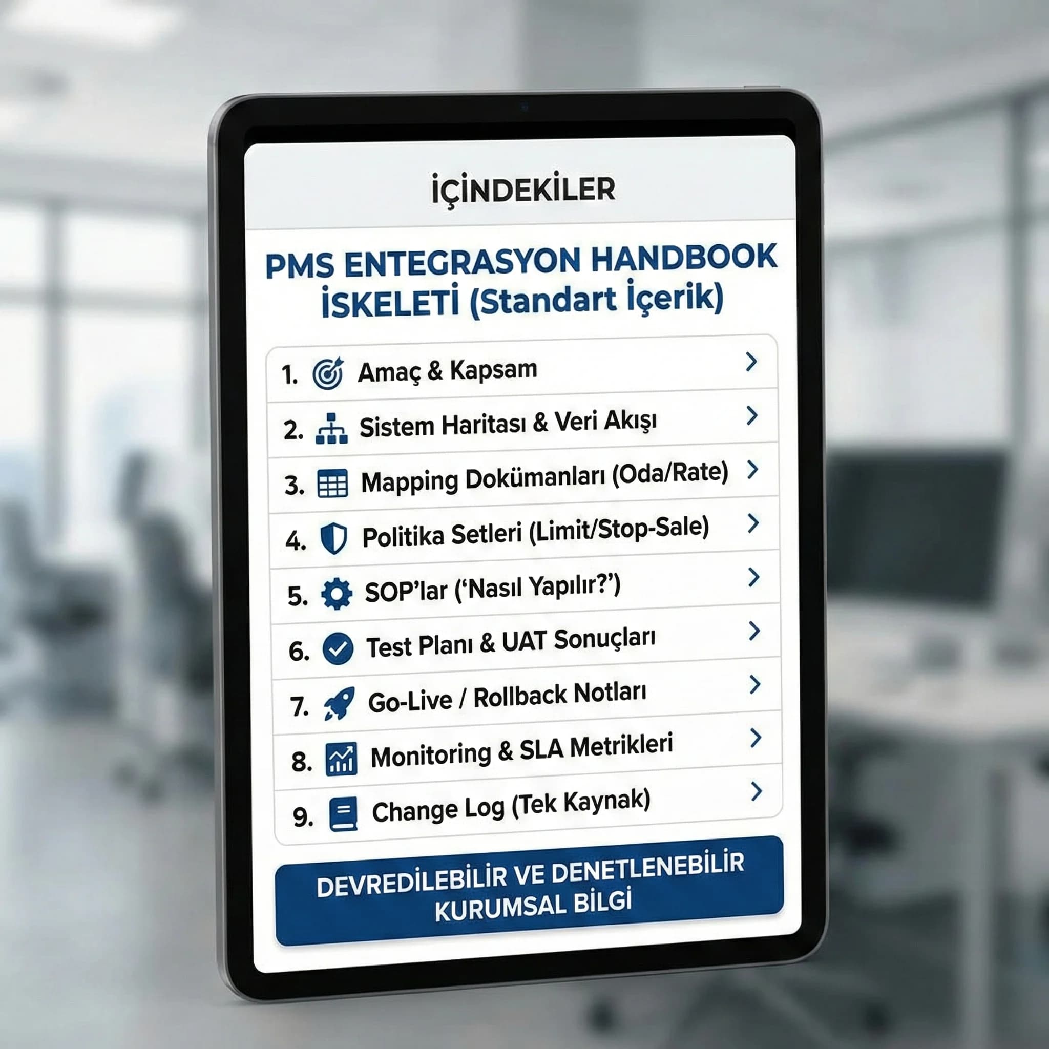 PMS entegrasyon handbook içindekiler kartı, bilgiyi devredilebilir kılar