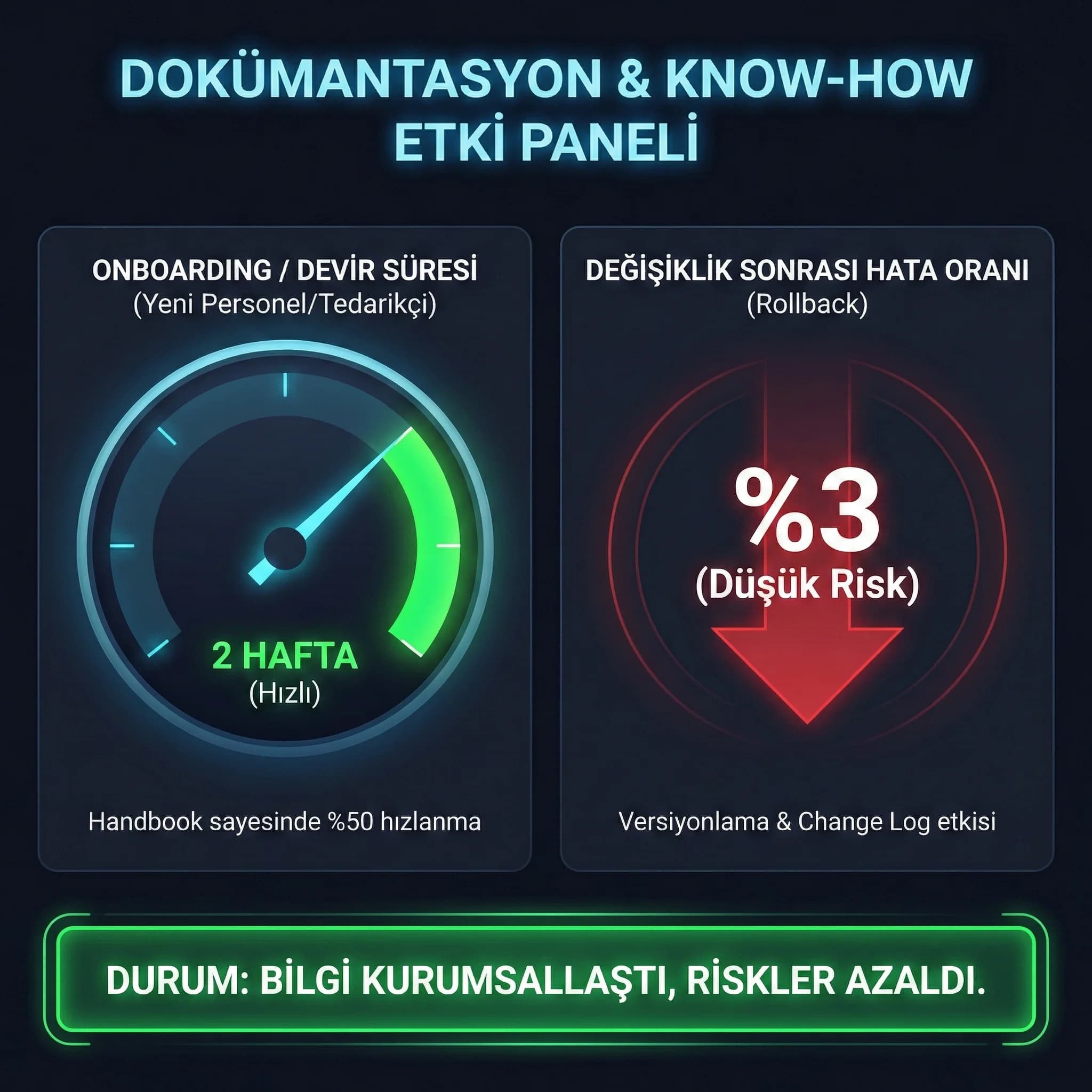 Dokümantasyon KPI paneli, onboarding süresi ve değişiklik sonrası hata oranını izler