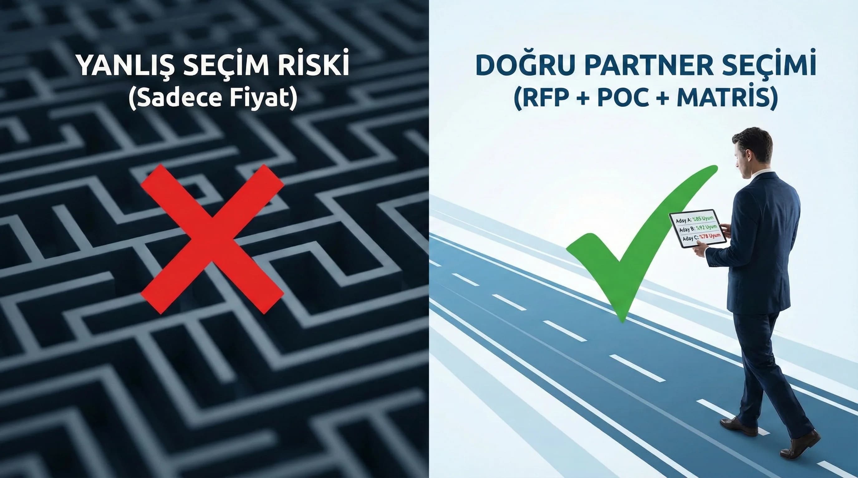 RFP ve kıyas matrisi yaklaşımını gösteren görsel, yanlış seçim riskini azaltır