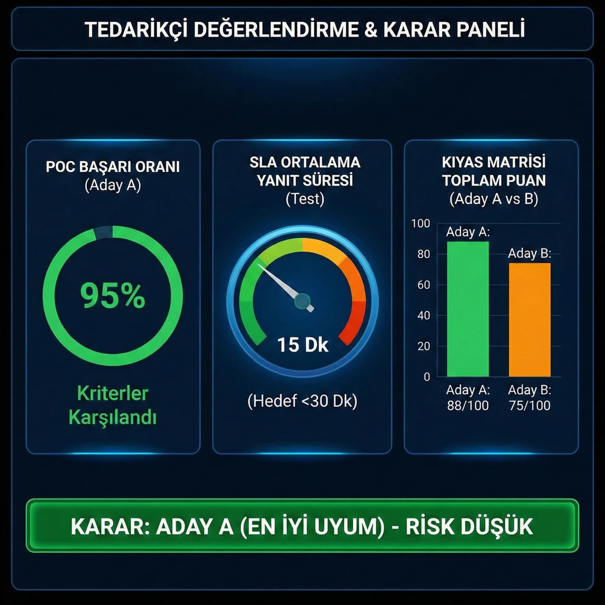 Tedarikçi seçim KPI kartı, POC başarı ve SLA uygunluğunu izler