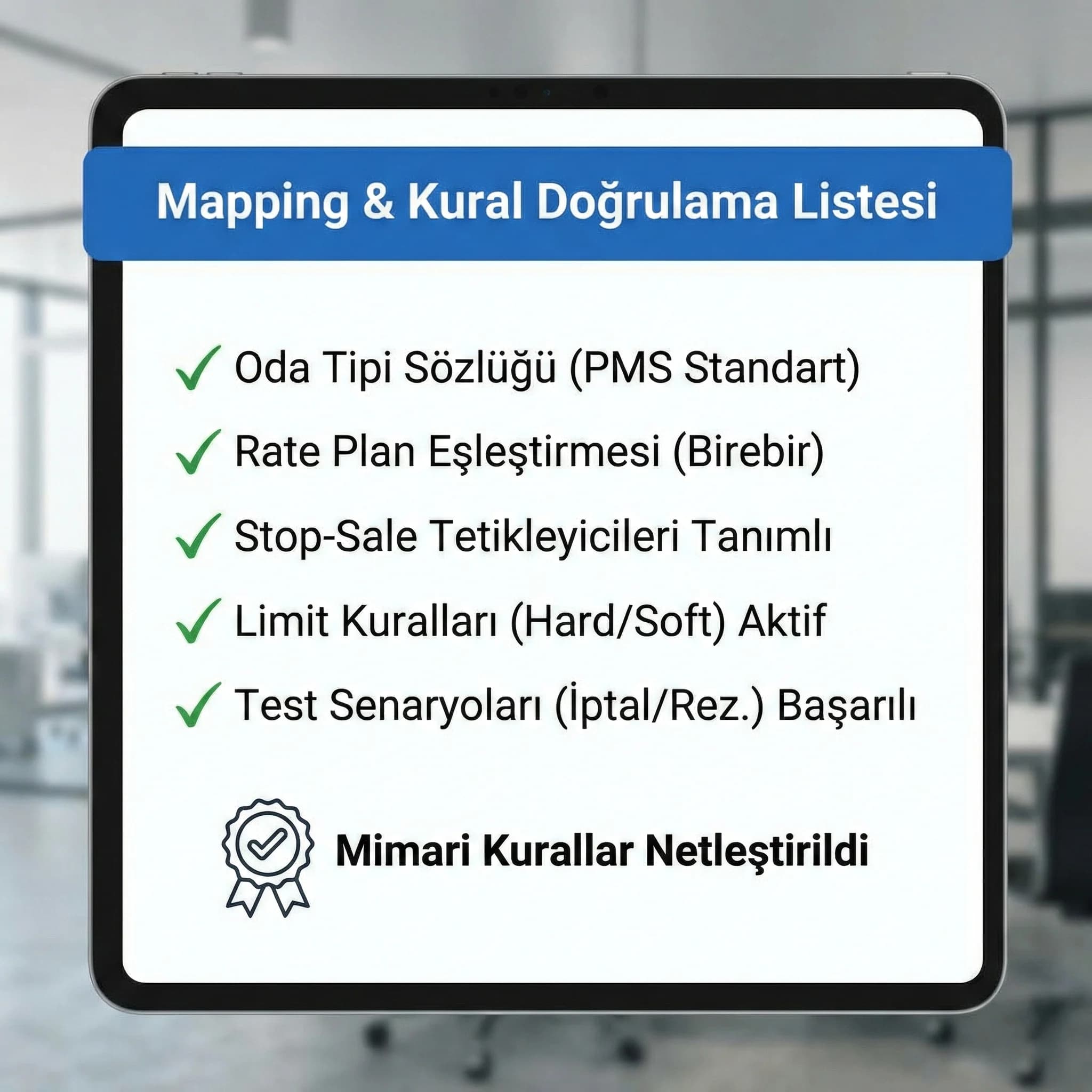 Mapping doğrulama kontrol listesi görseli, otelde kuralları netleştirir