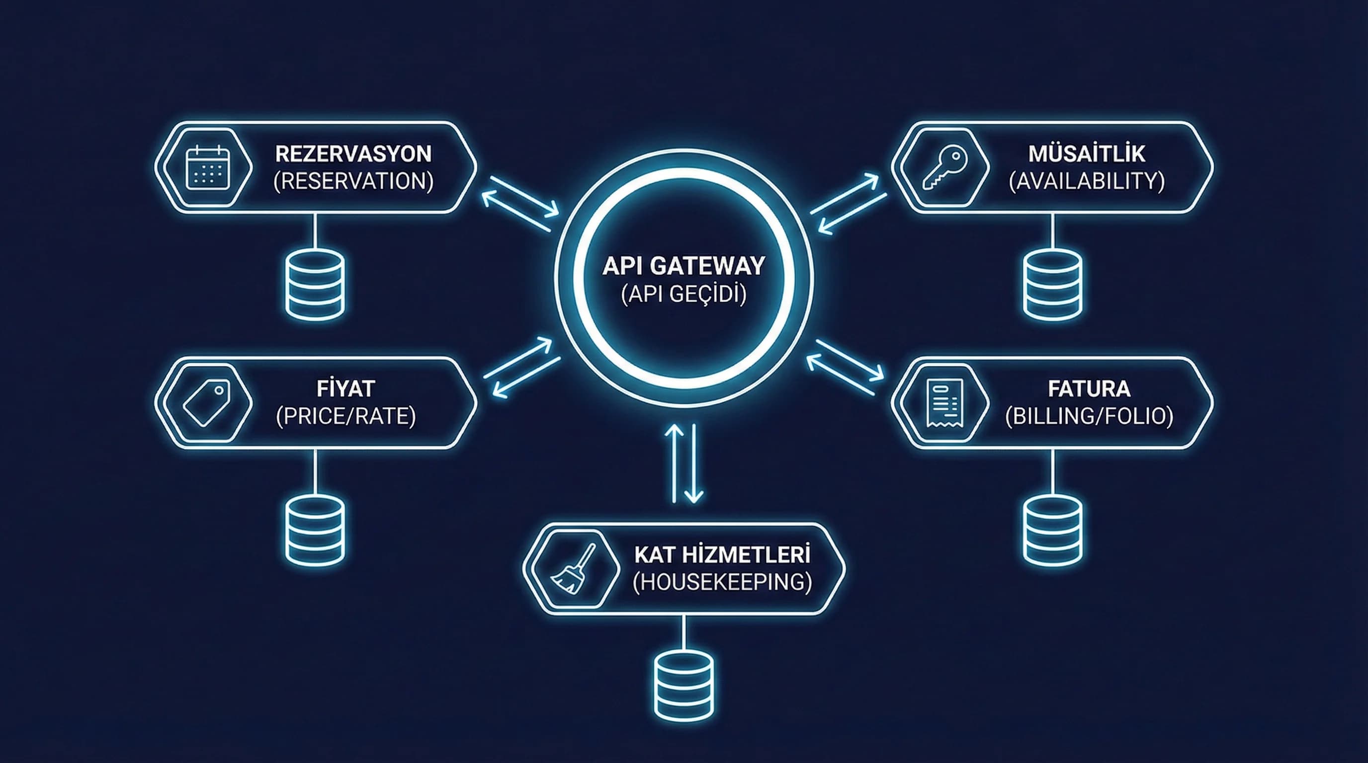 Microservice PMS mimari şeması, otel entegrasyon servislerini ve veri akışını gösterir