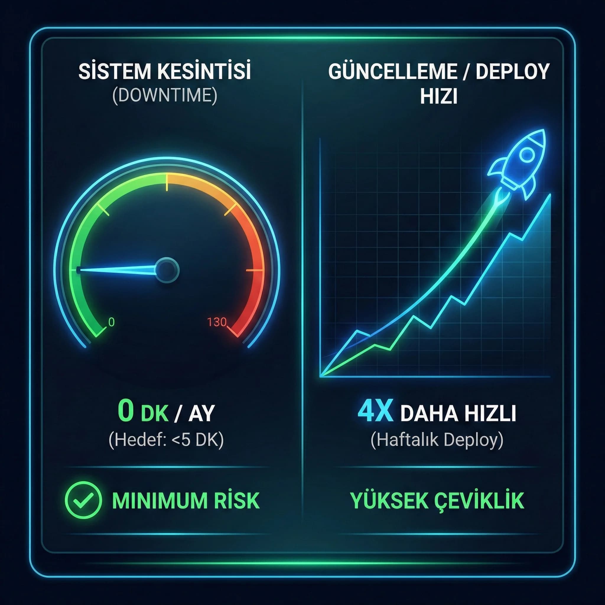 Downtime ve güncelleme KPI kartı, mimari farkın etkisini görselleştirir