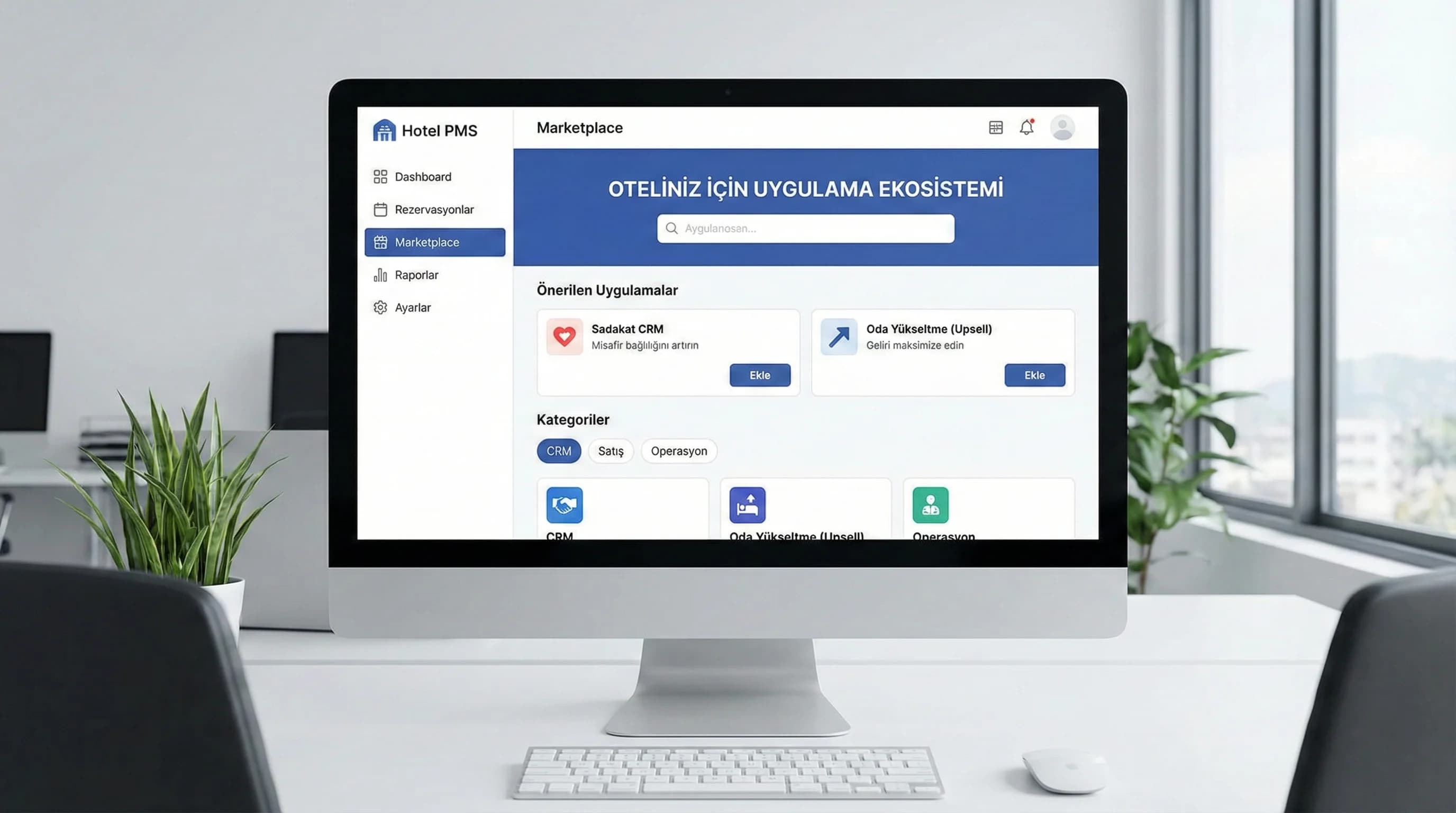 PMS marketplace ekranı + uygulama ekosistemi + otel bağlamı