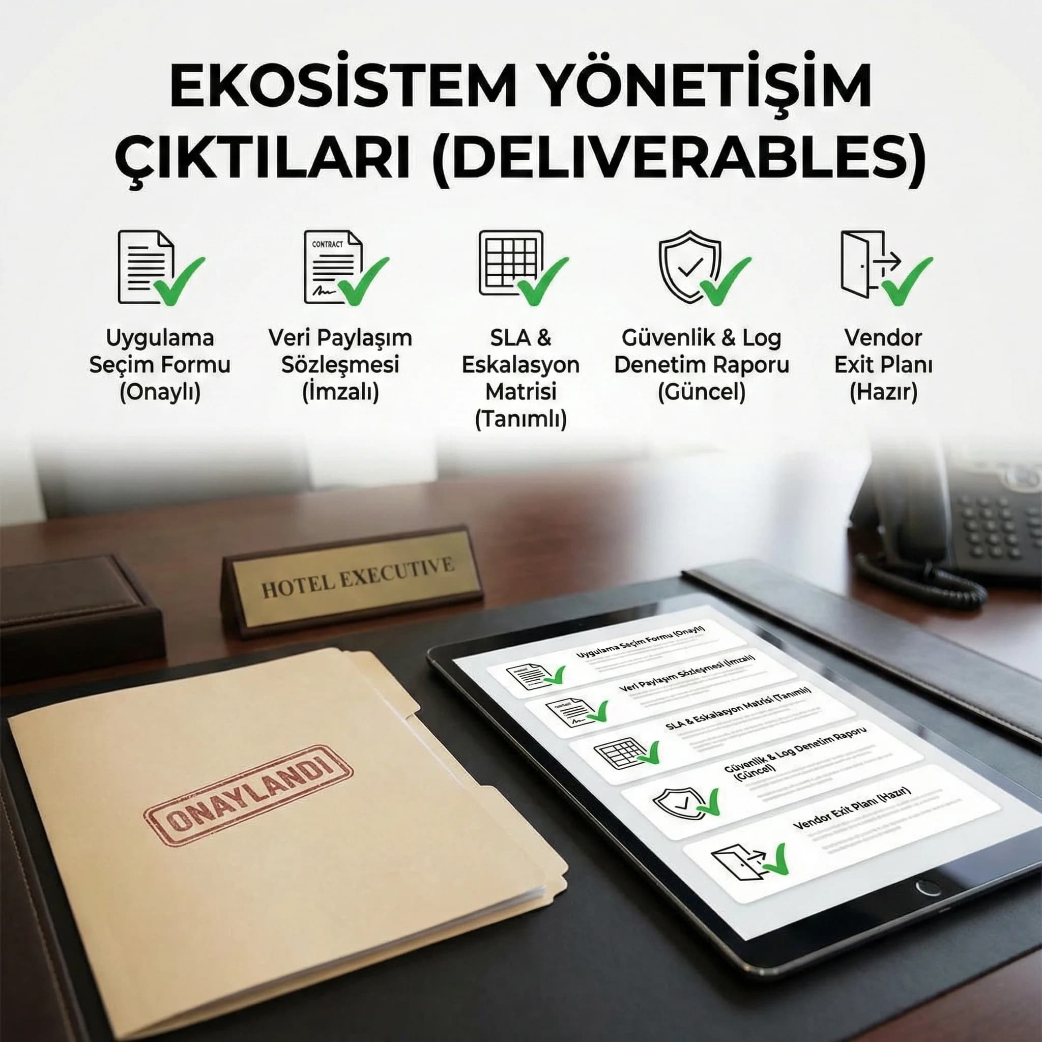Ekosistem governance deliverables + güvenlik ve SLA + otel bağlamı