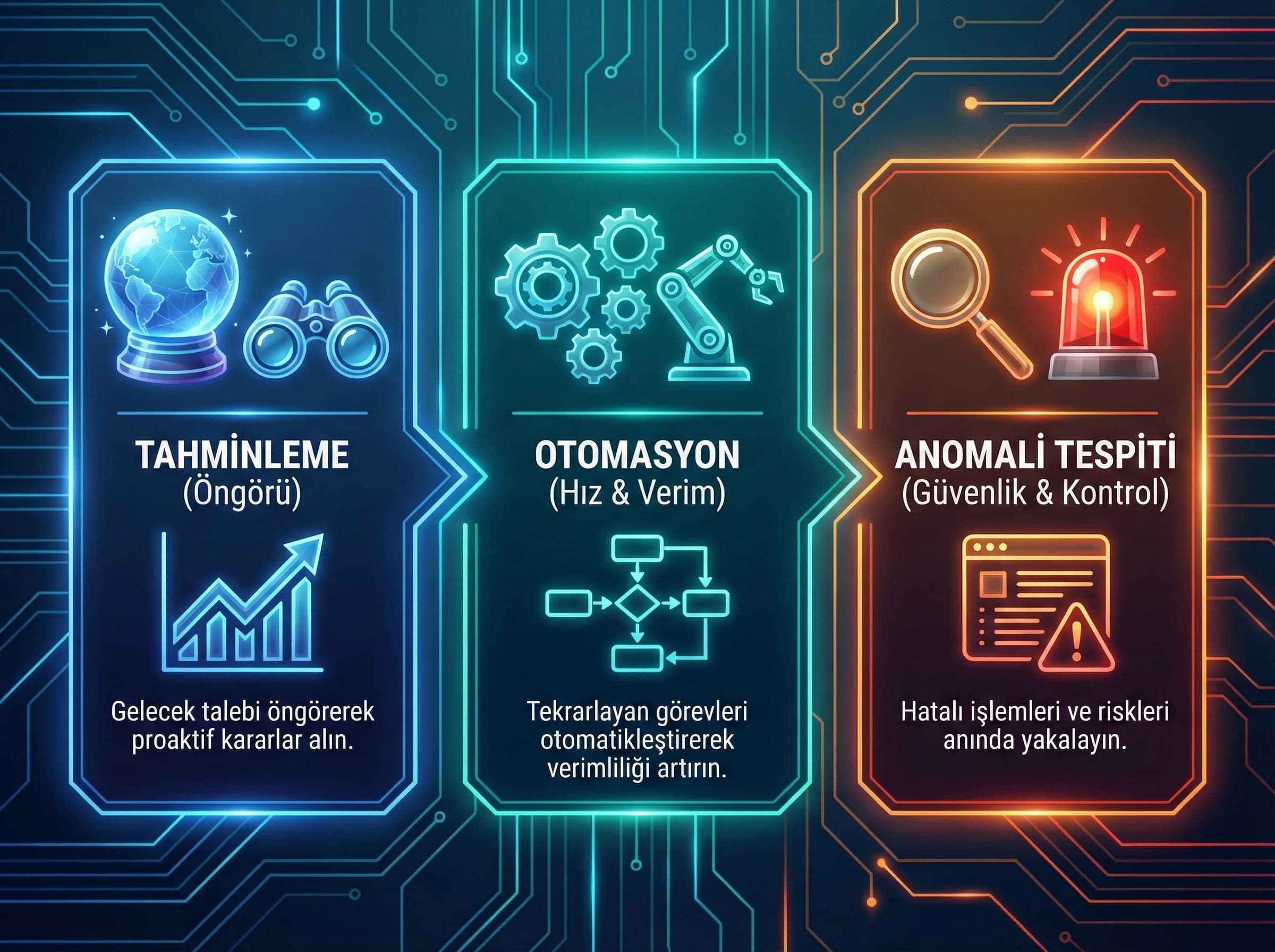 AI kullanım alanları ayırıcı görseli, tahmin ve uyarıları netleştirir