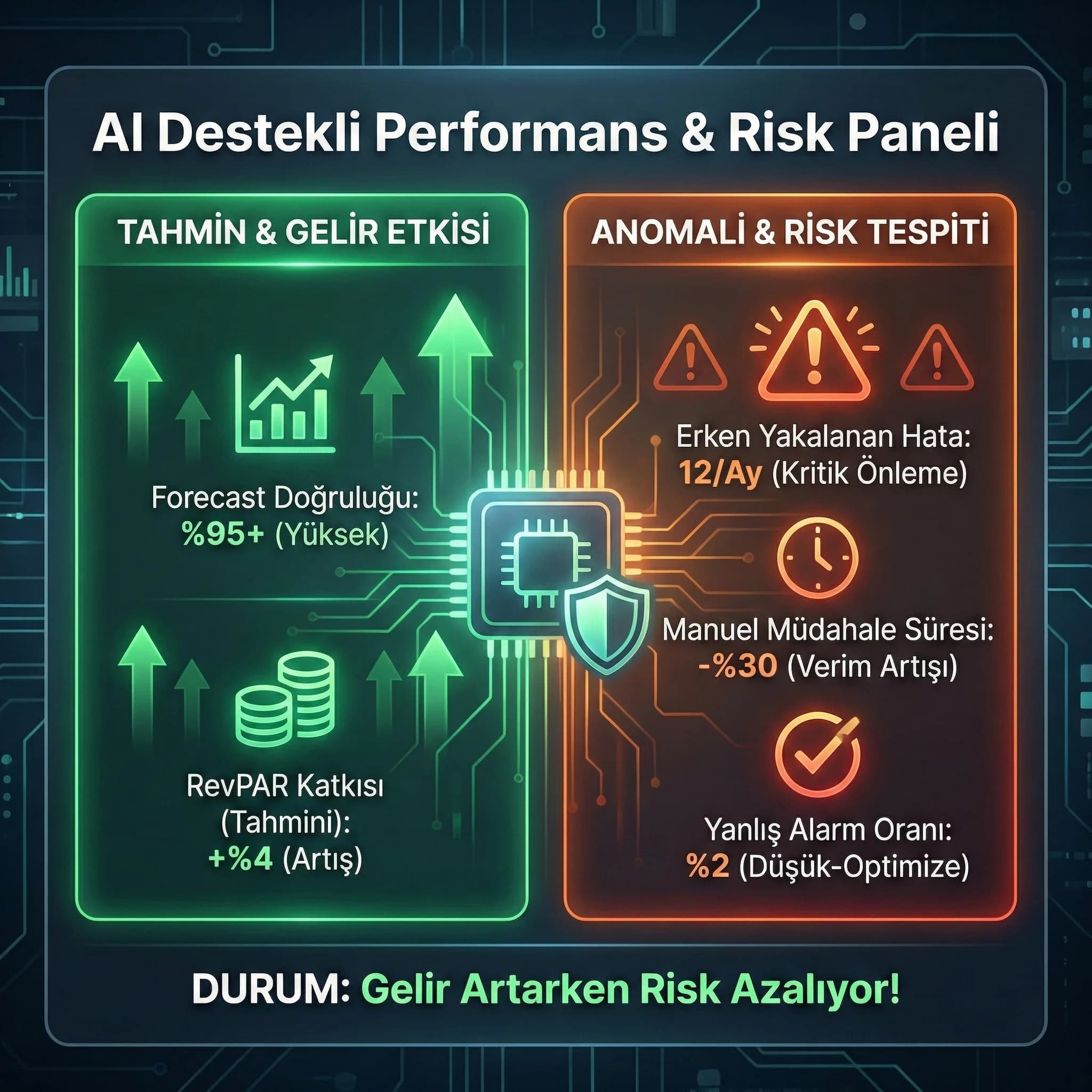 Tahmin ve anomali KPI kartı, gelir ve risk etkisini ölçülebilir kılar