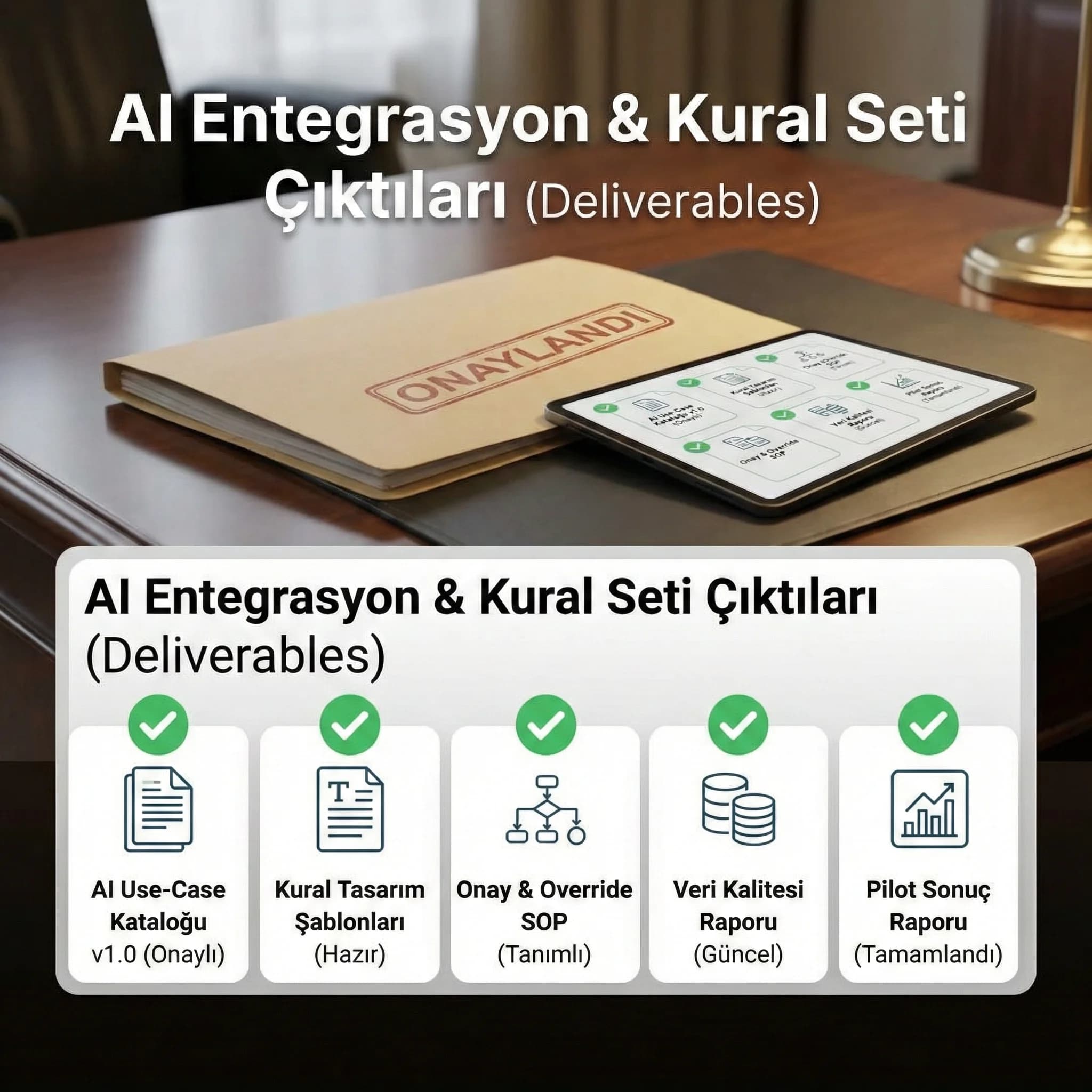 AI entegrasyon deliverables kartı, tahmin-otomasyon-anomali çıktılarıyla güven verir