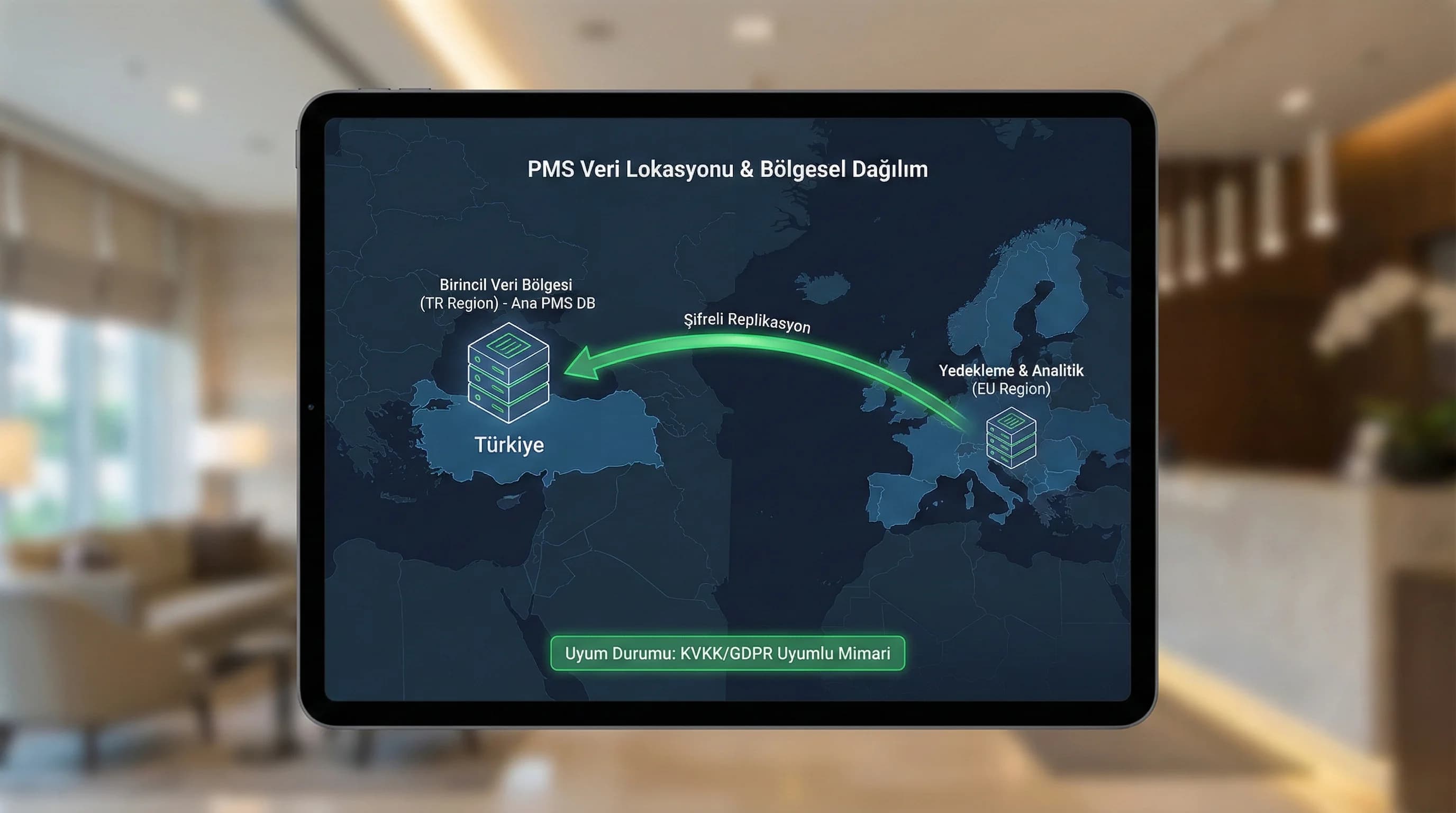 Veri lokasyonu haritası mockup’ı, PMS verisinin bölgesel konumunu otelde açıklar