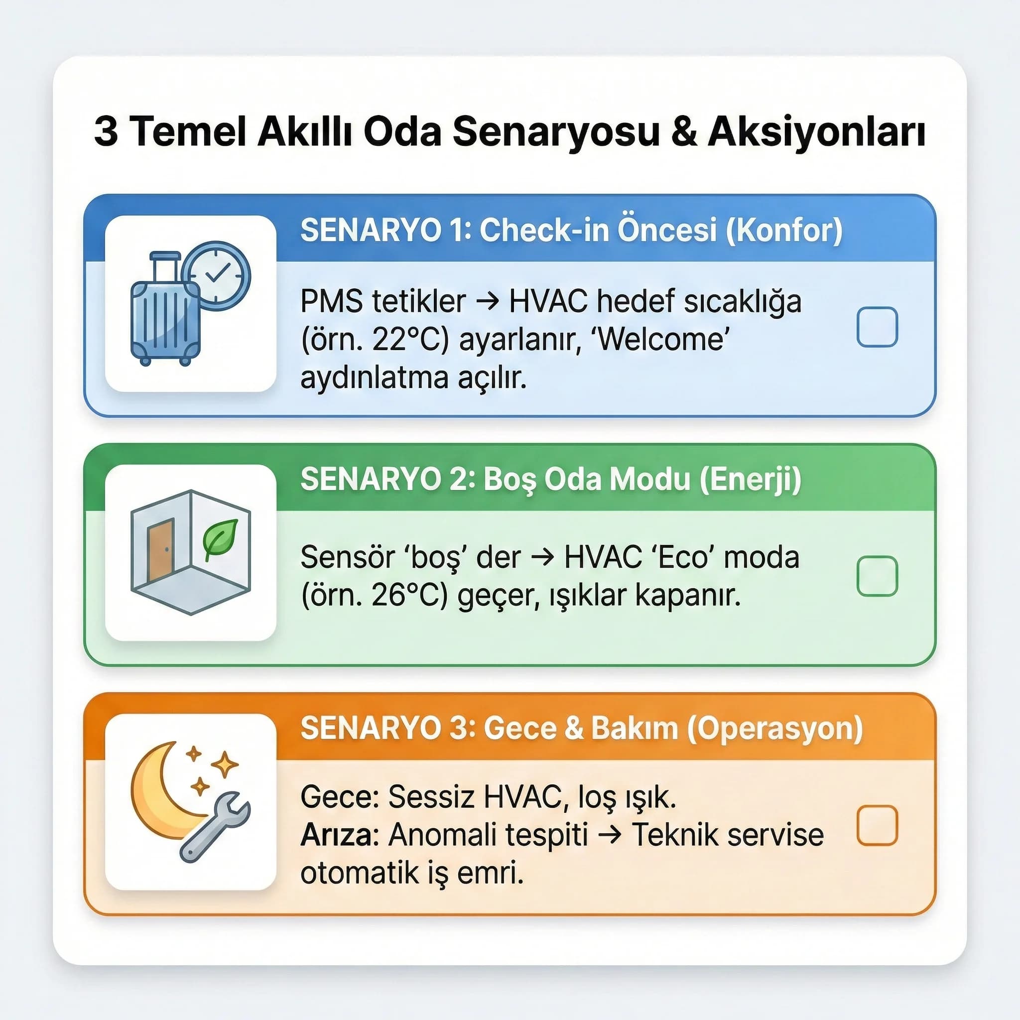 PMS–BMS–IoT veri akışı + senaryo tetikleme + otel bağlamı