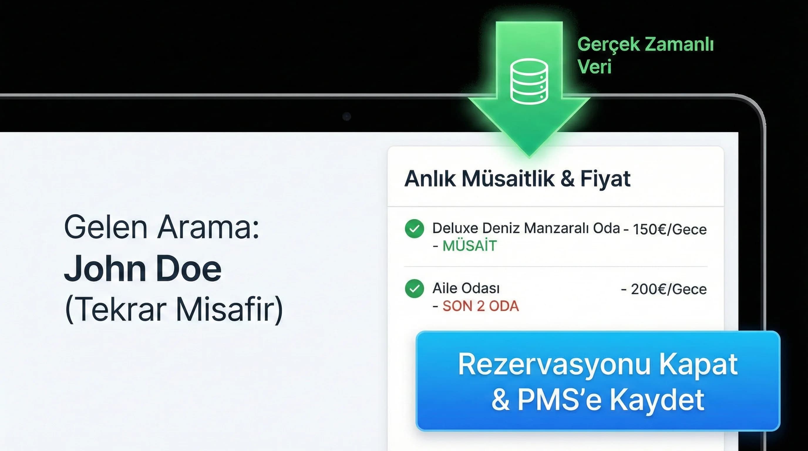 Operatörün anlık oda ve fiyat görmesini anlatan görsel, rezervasyon kapatmayı hızlandırır