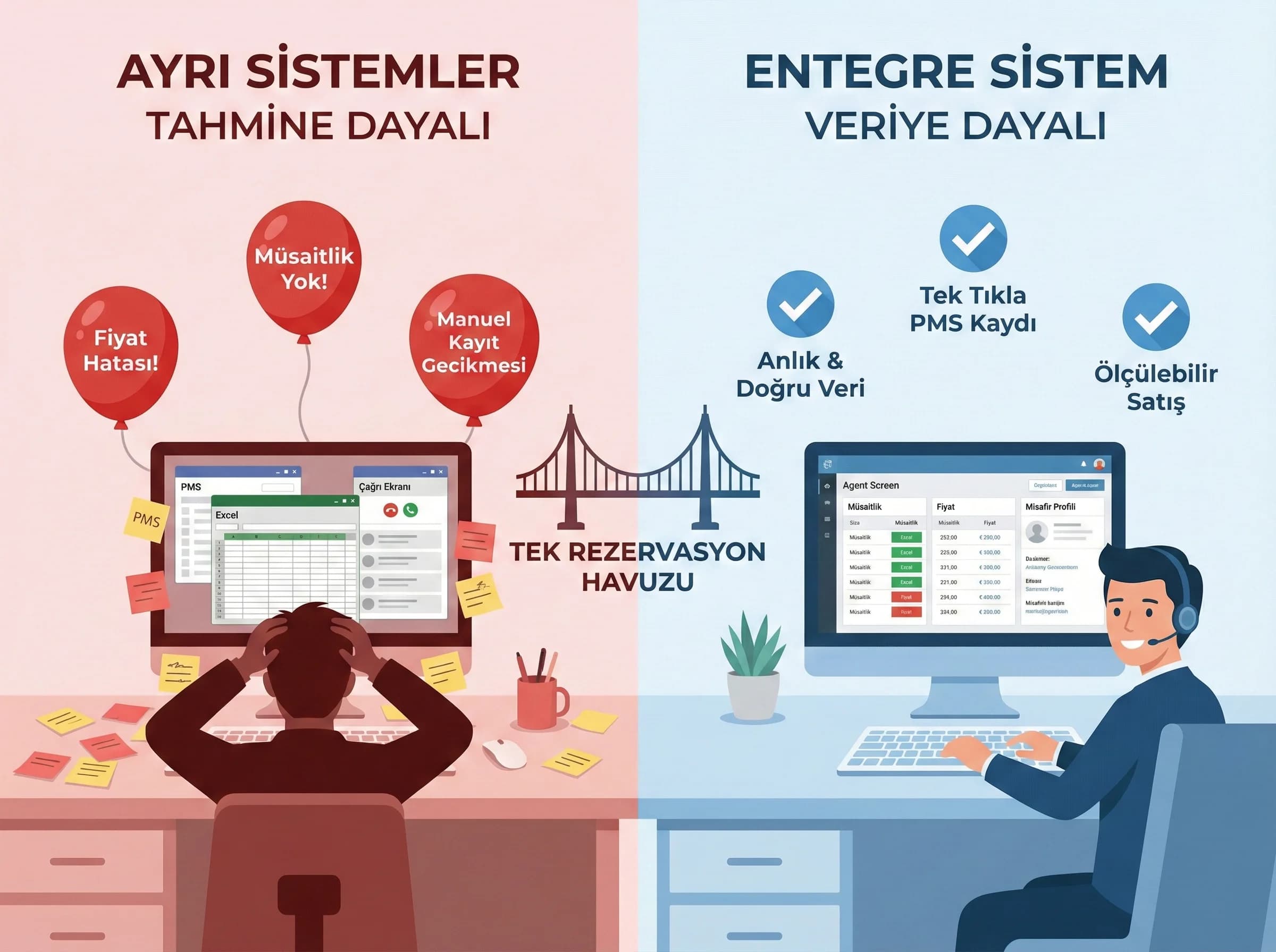 Çağrı merkezi entegrasyon mantığını ayıran görsel, tek rezervasyon havuzu sağlar