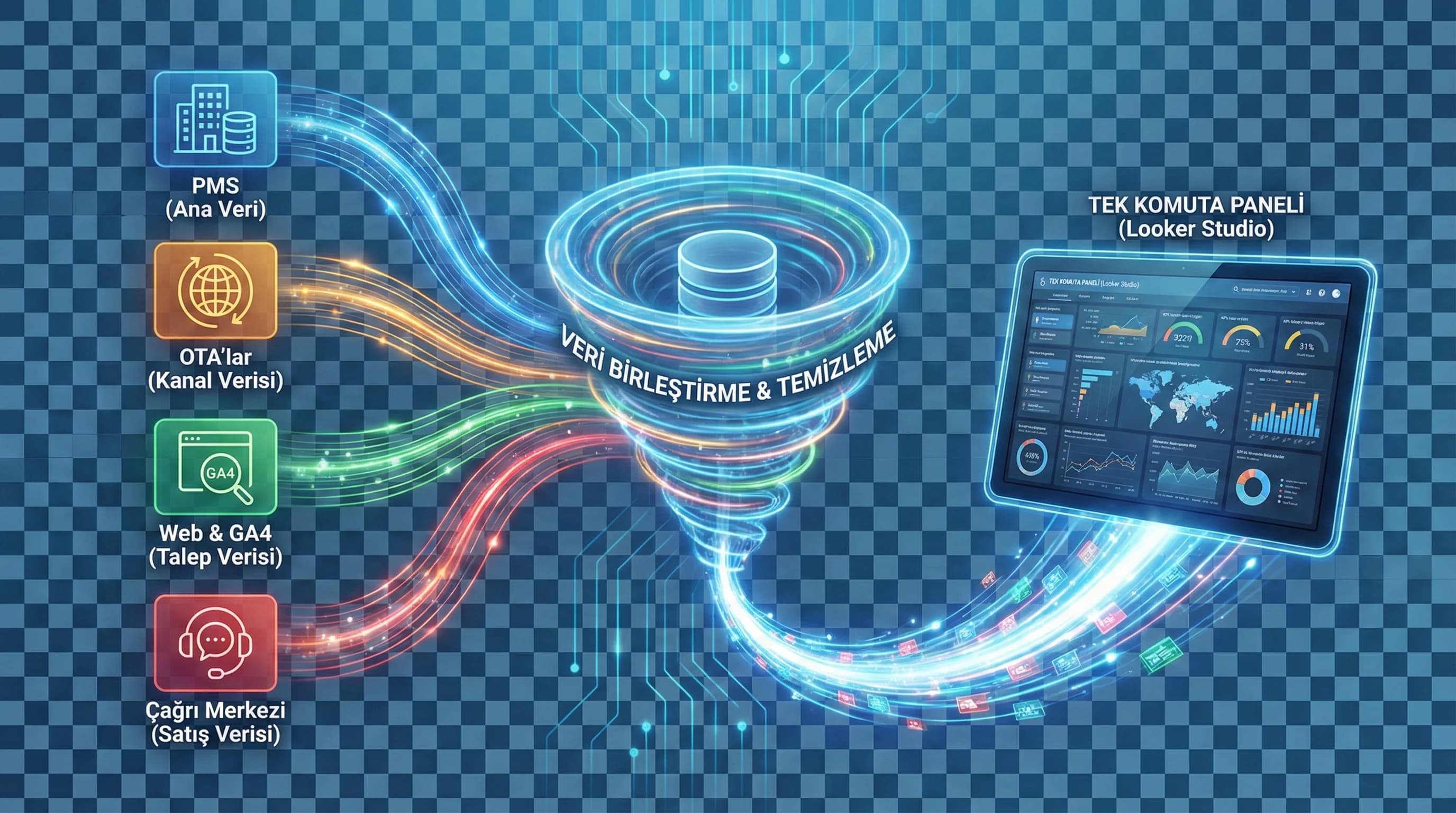 PMS, OTA, GA4 ve call center verisinin tek panelde birleşmesini gösteren görsel, görünürlük sağlar