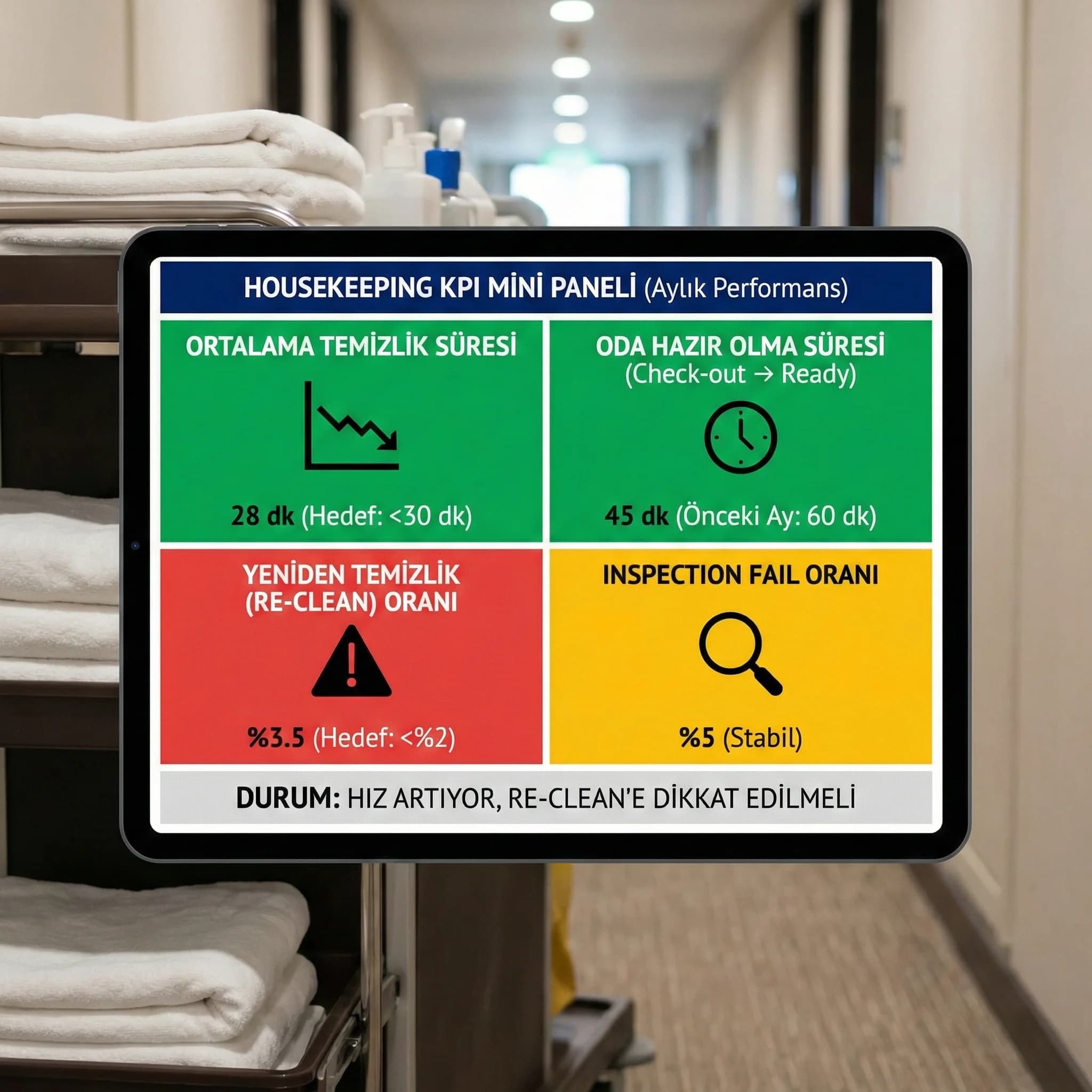 Housekeeping KPI mini paneli, temizlik süresi ve kaliteyi takip eder