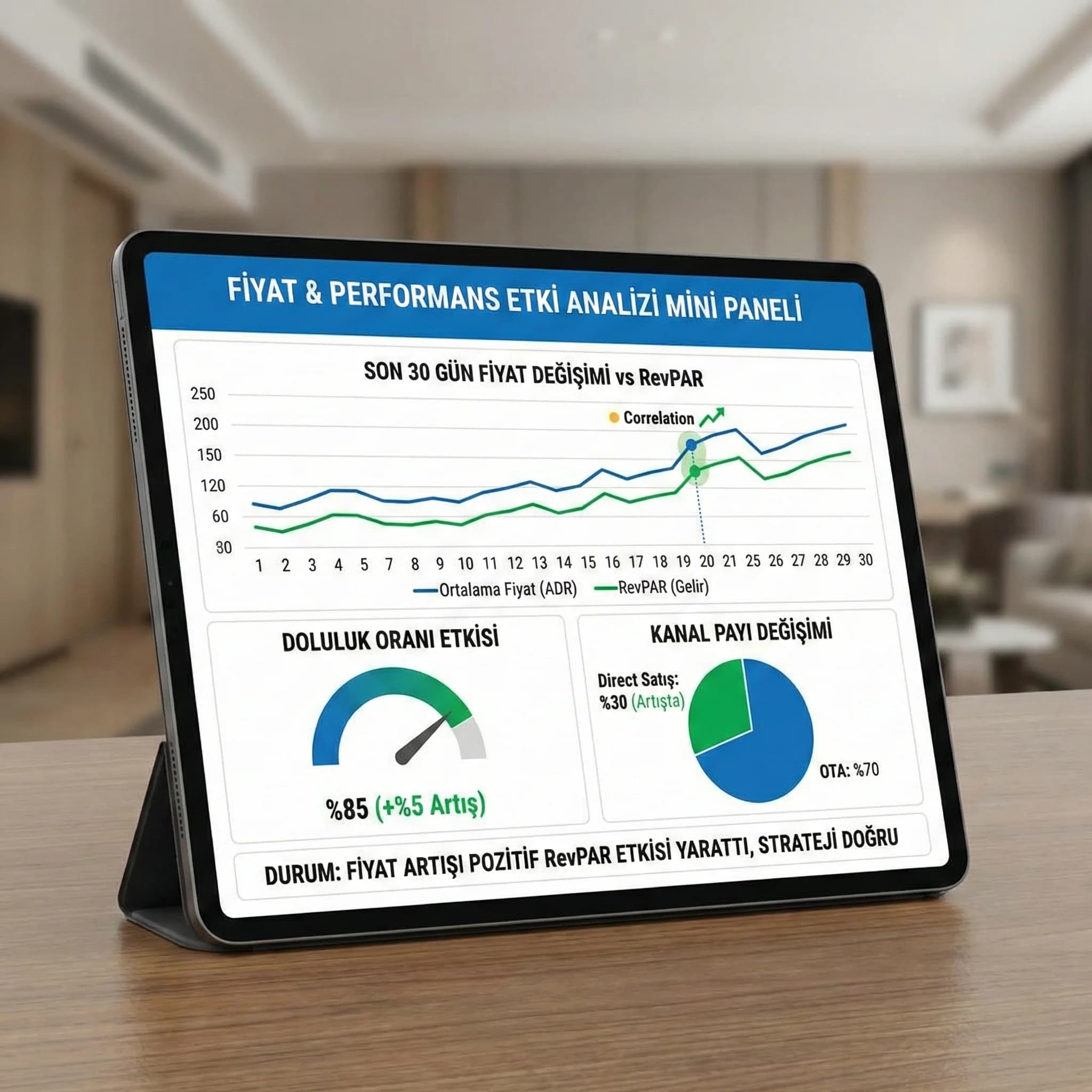 Fiyat değişimi ile doluluk/RevPAR ilişkisini gösteren mini panel, revenue kararlarını iyileştirir